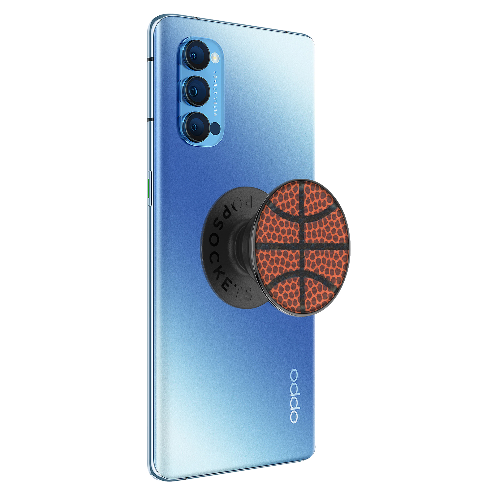 Blaues Oppo-Telefon mit angebrachtem Basketball-PopSocket.