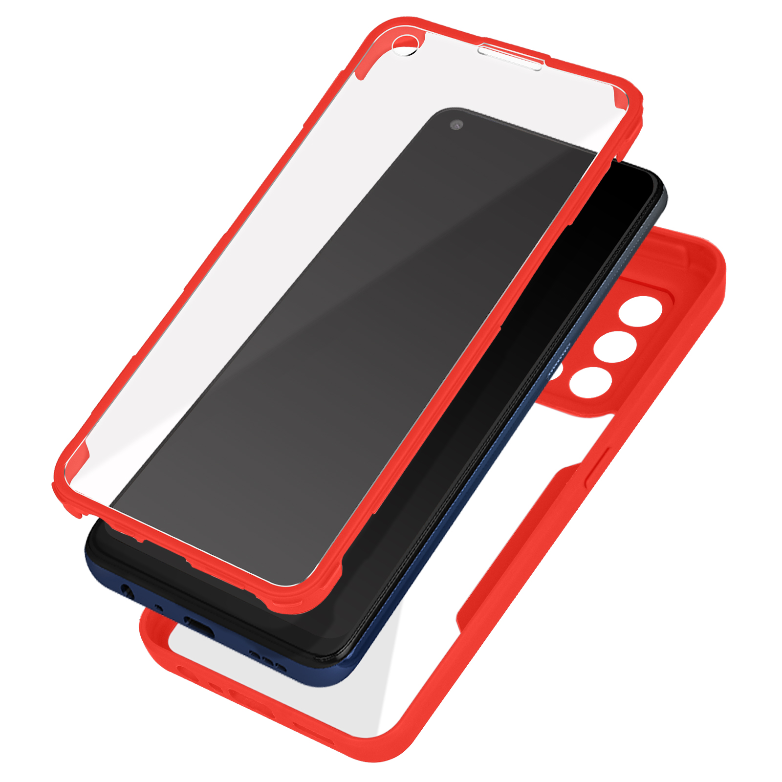 Rode telefoonhoes met een heldere schermbeschermer en een telefoon erin. Open.