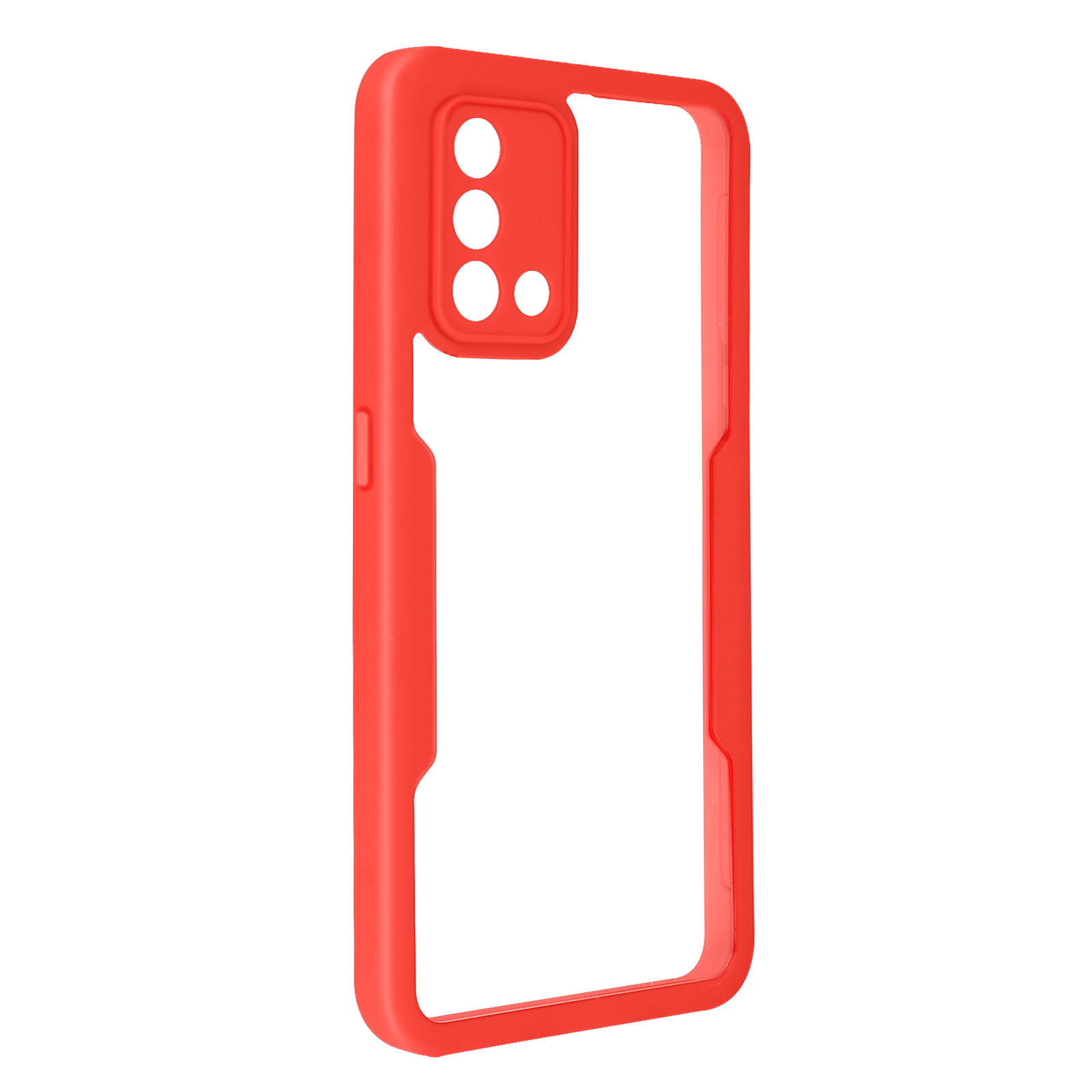 Une coque de téléphone rouge, transparente au milieu. Fond blanc.