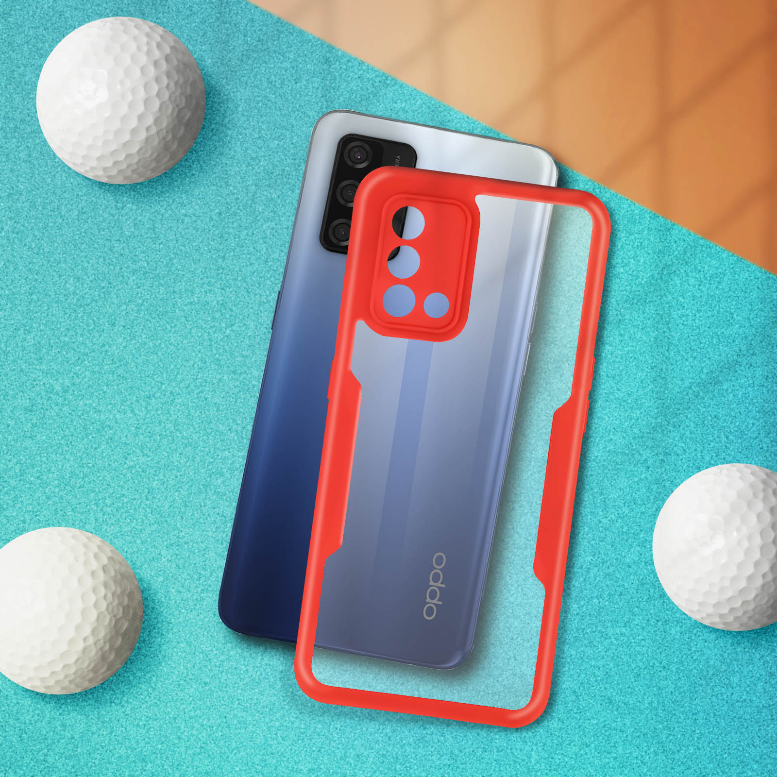 Coque de téléphone et téléphone avec un cadre rouge. Deux balles de golf en arrière-plan.