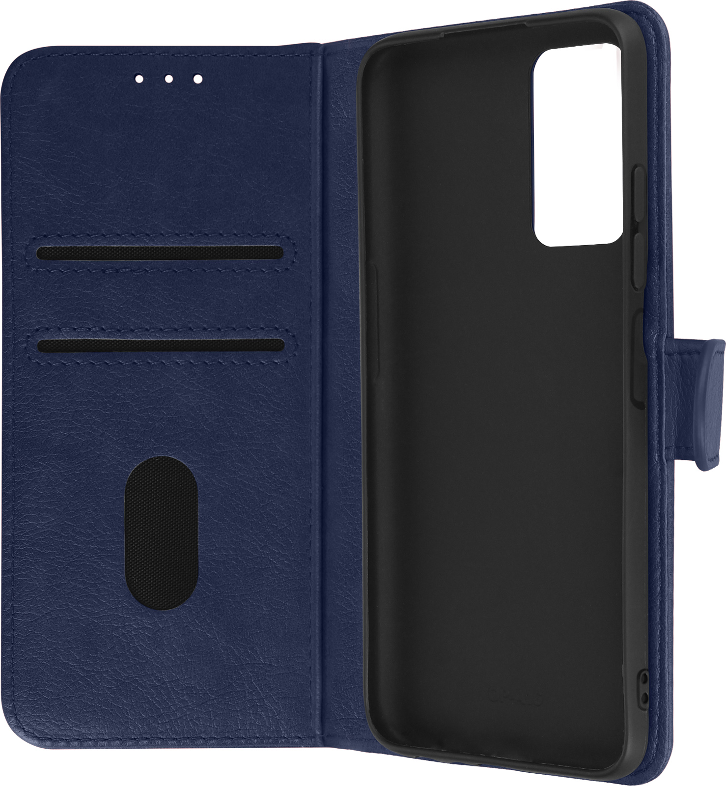 Custodia a portafoglio blu navy aperta, supporto per telefono nero. Fessura per carte nera. Tre fori in alto.