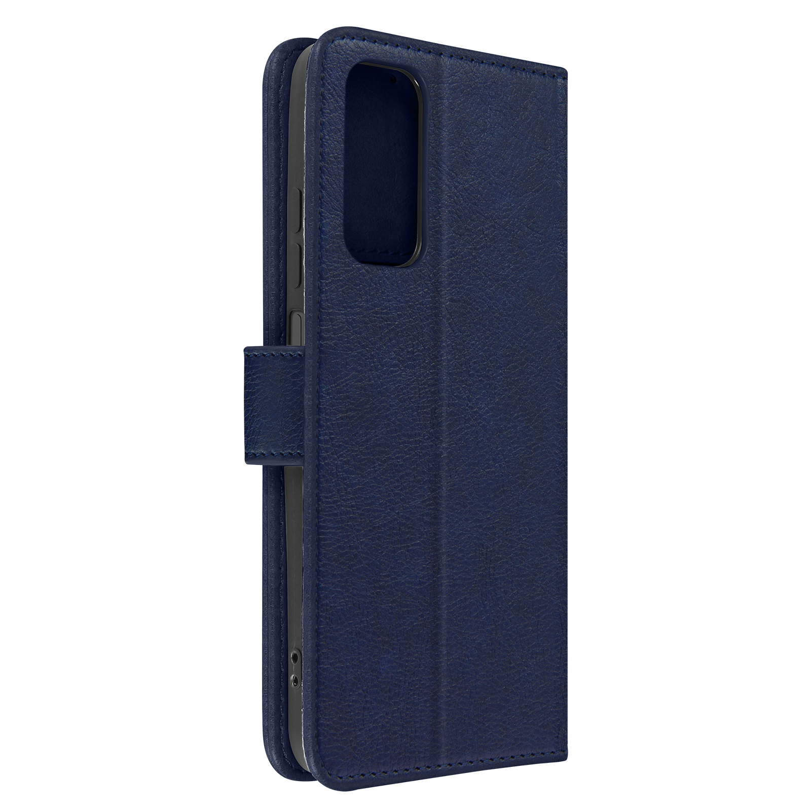 Custodia per telefono blu navy con patta aperta, che rivela il telefono.