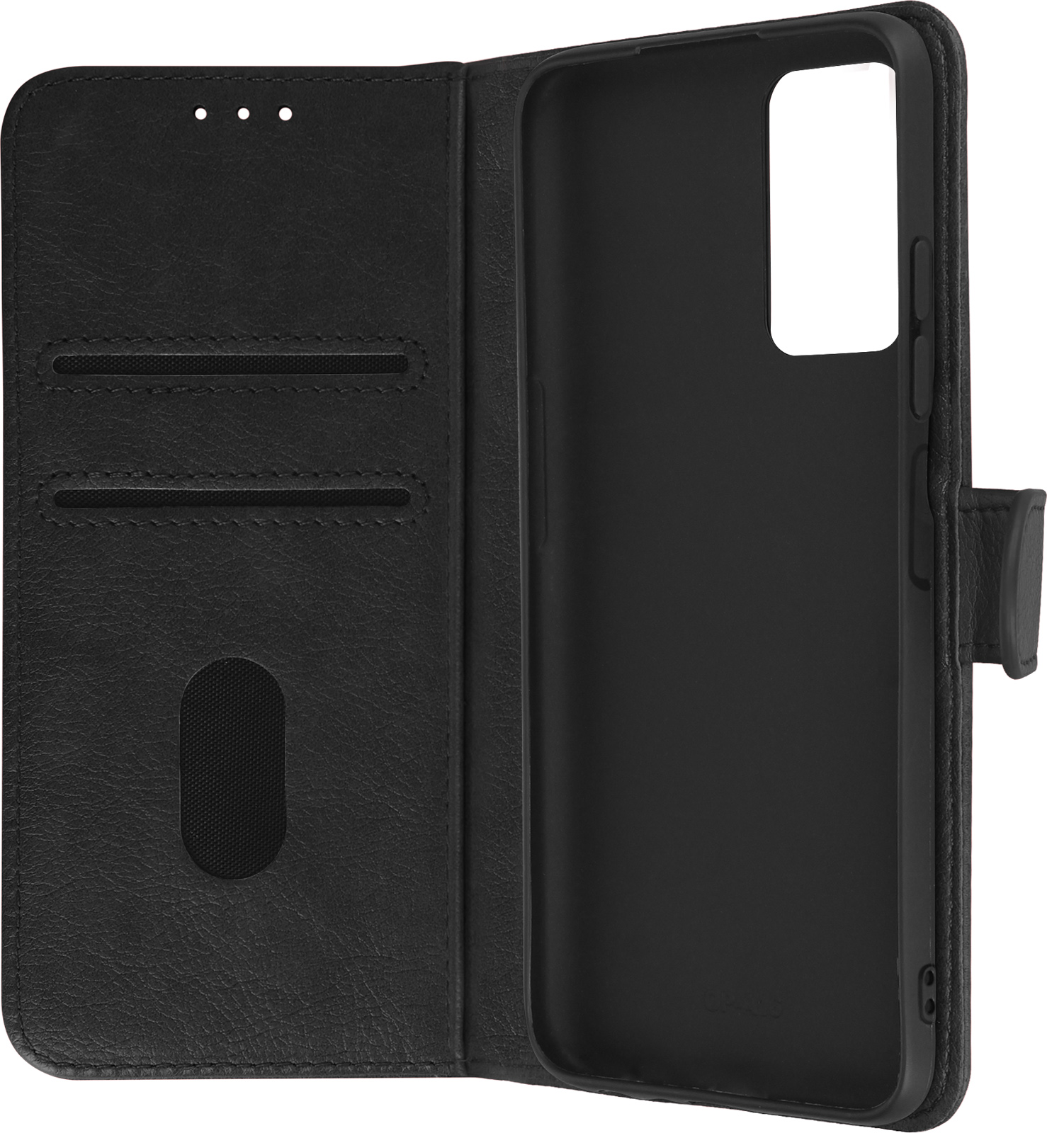 Portafoglio nero aperto, rivela custodia nera e fessure per carte. Il portafoglio è in similpelle.