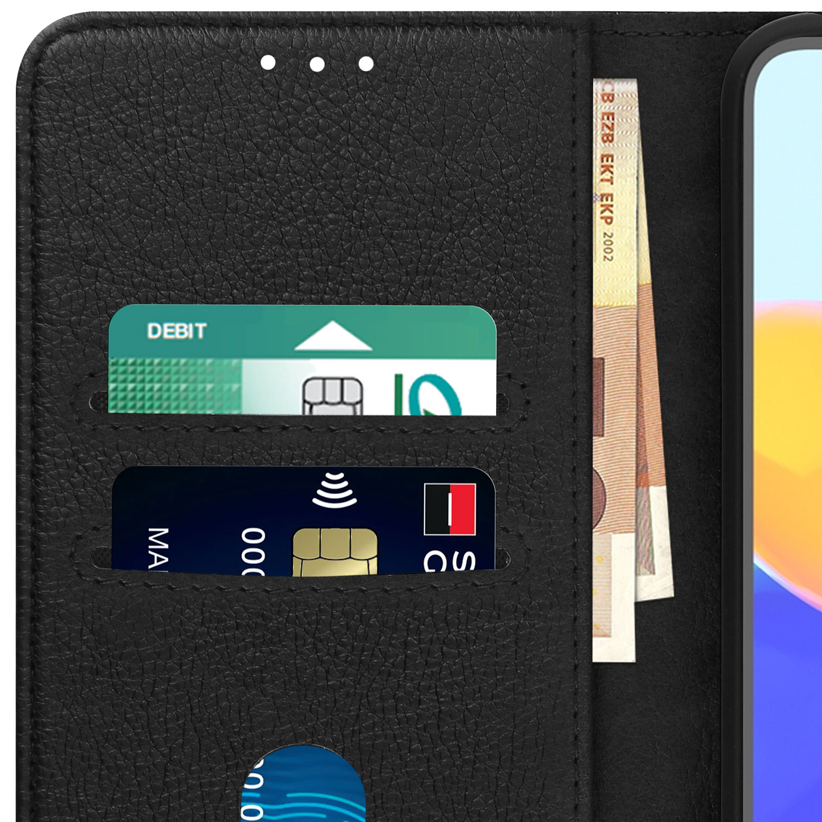 Custodia per telefono nera con scomparti per carte. Carte e contanti all'interno della custodia.