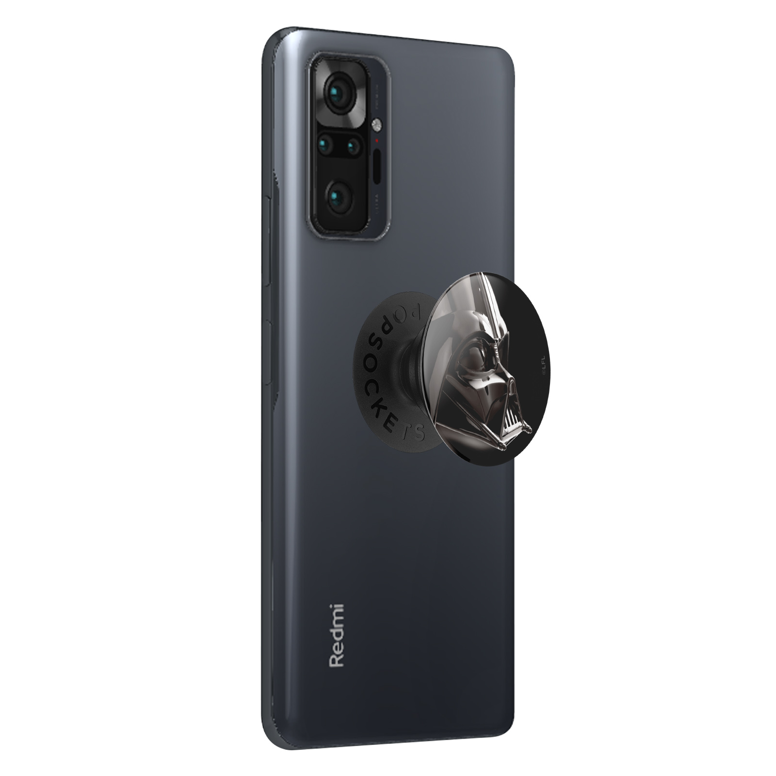 Schwarzes Telefon mit Darth Vader PopSocket auf der Rückseite.