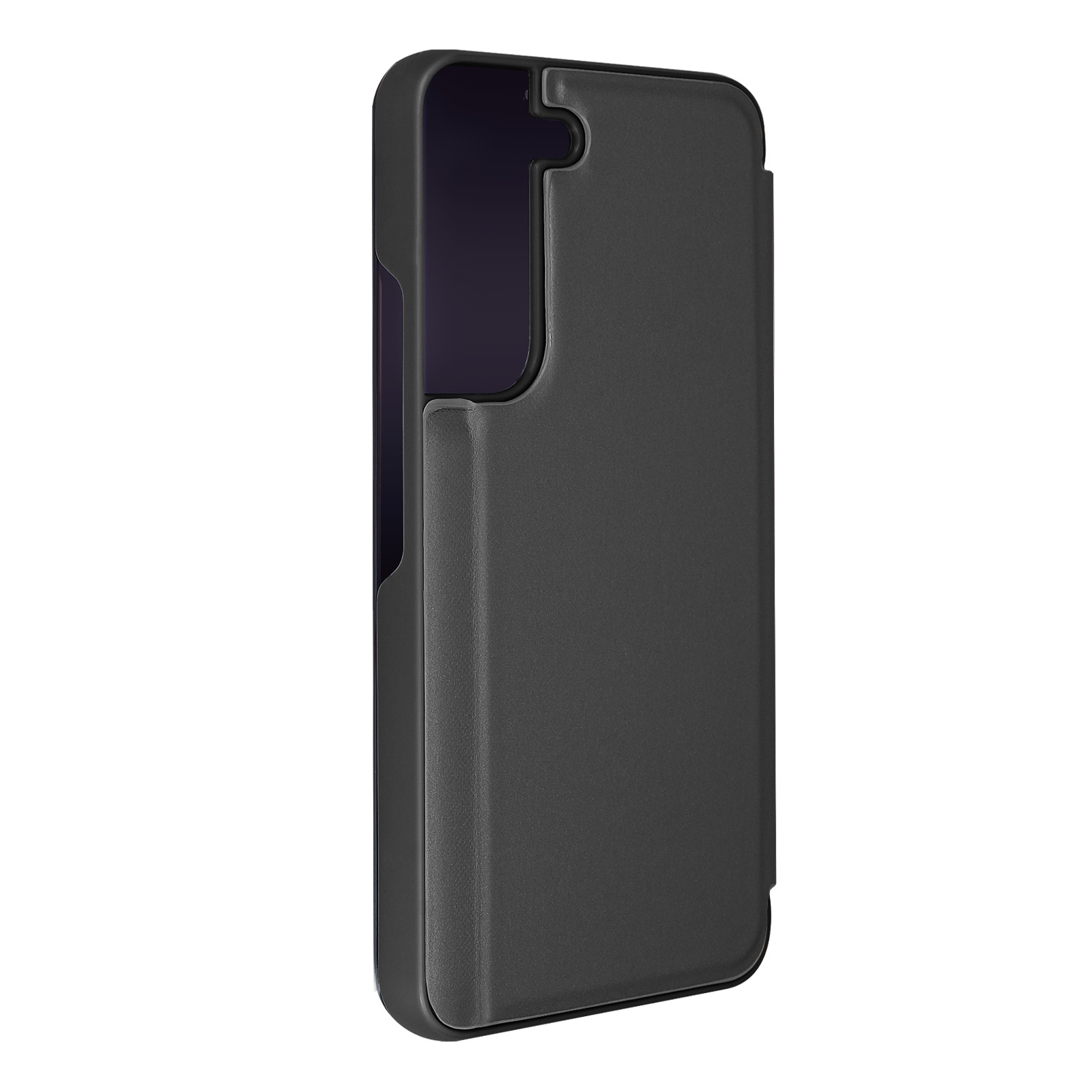 Custodia per telefono nera, chiusa, vista angolata. Design elegante, dettagli minimi, in piedi su una superficie bianca.