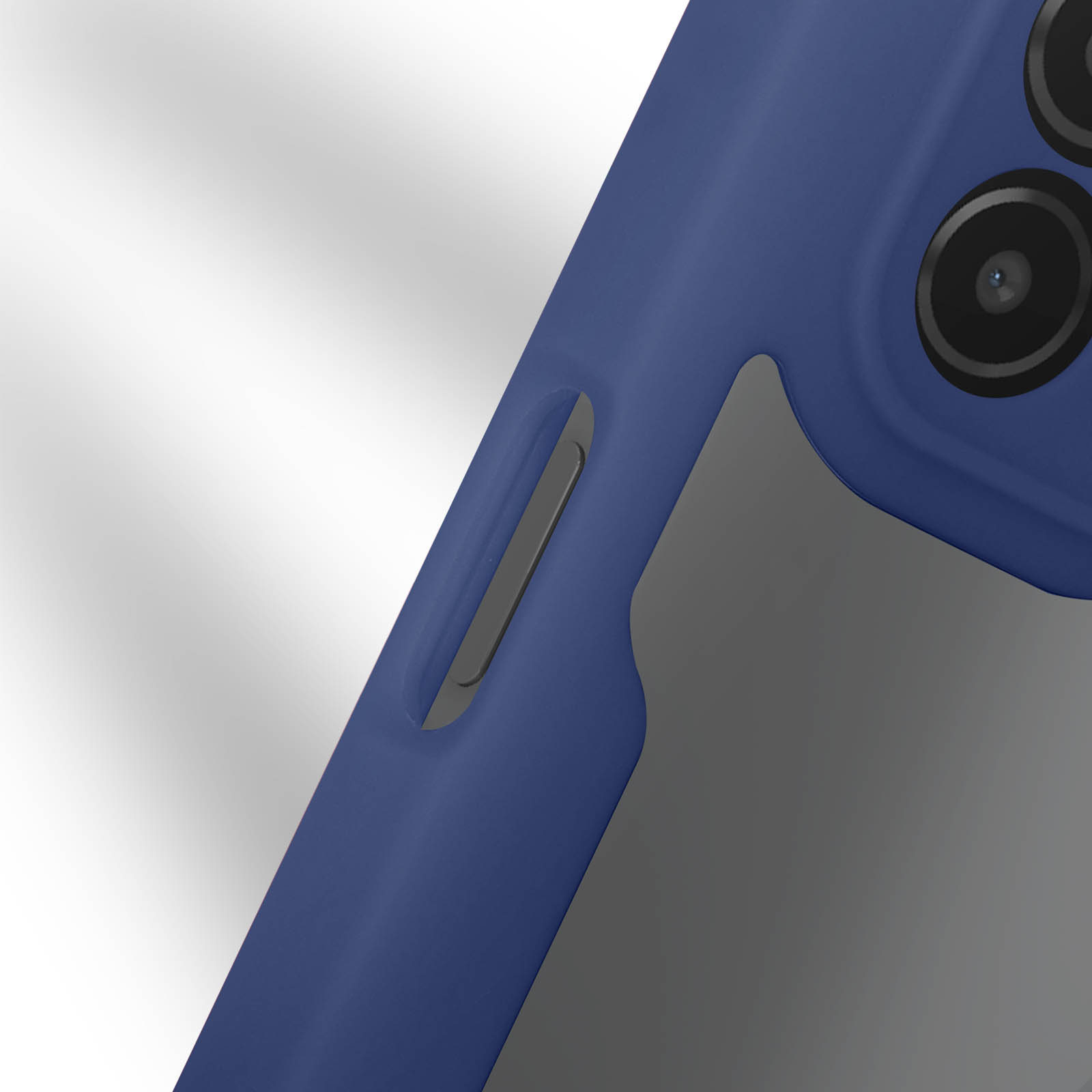Een close-up van een marineblauw telefoonhoesje. De zijkant van de telefoon met knoppen is zichtbaar.