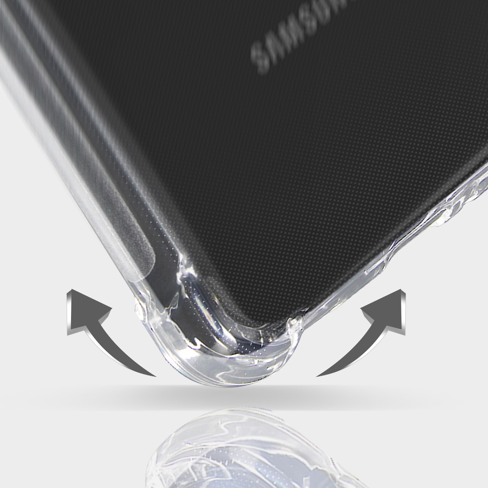 Custodia trasparente per telefono, dettaglio angolo. Frecce indicano protezione. Logo Samsung visibile, con motivo a punti.
