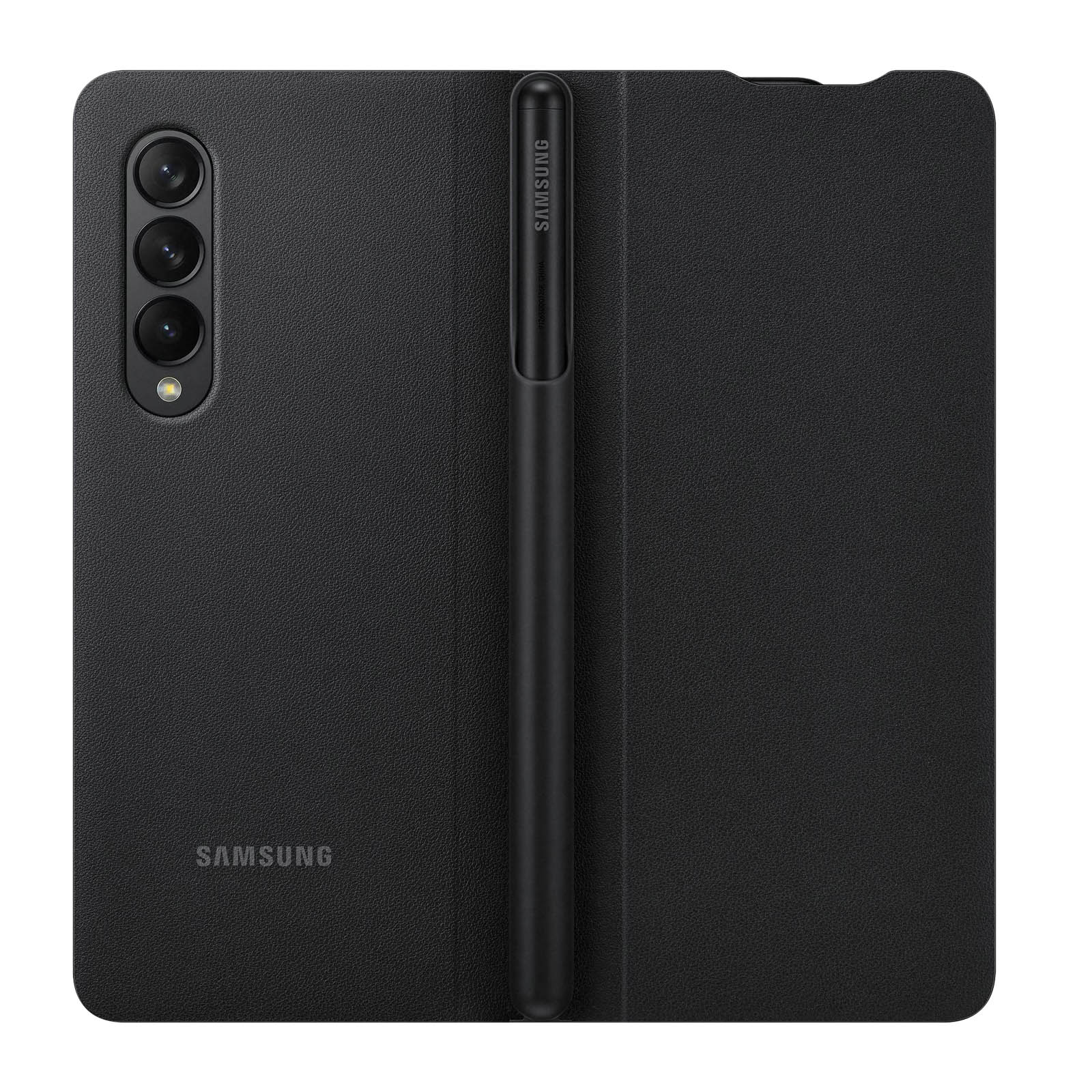 Schwarze Handyhülle mit Stift. Hülle ist geöffnet, Telefon wird gezeigt.