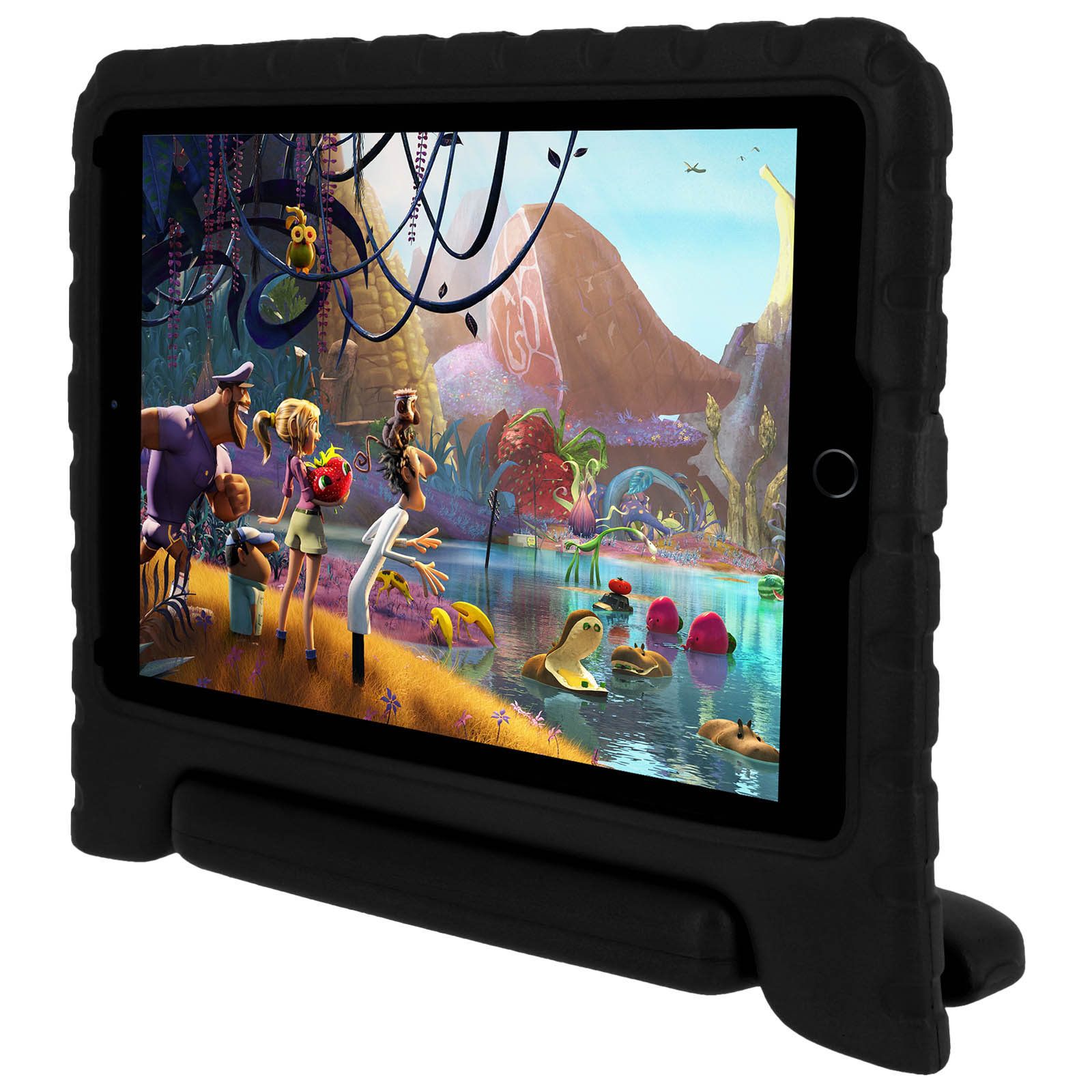 Tablet in schwarzem Gehäuse, zeigt Cartoon-Szene.
