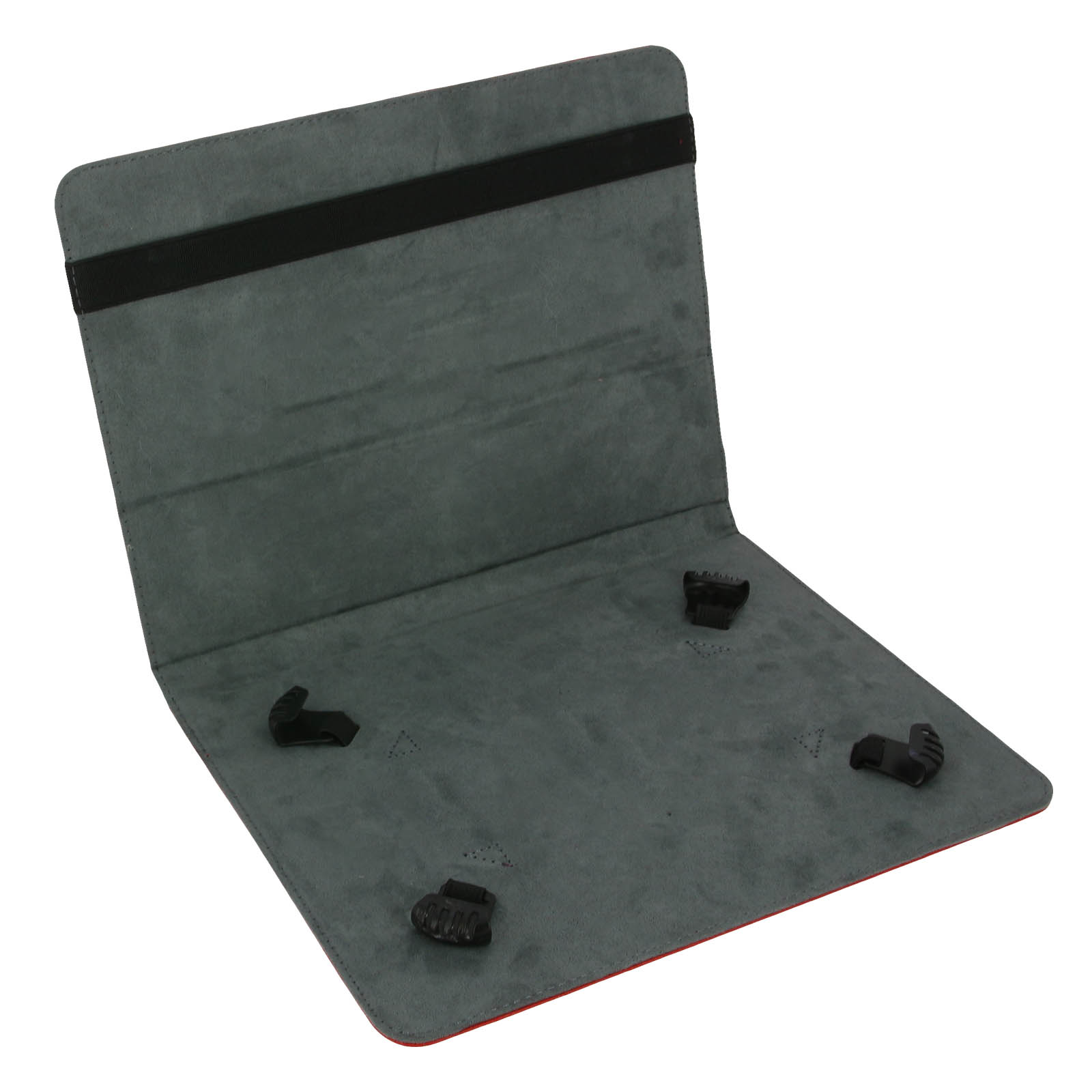 Custodia pieghevole per tablet, aperta. Interno grigio, cinghie nere.