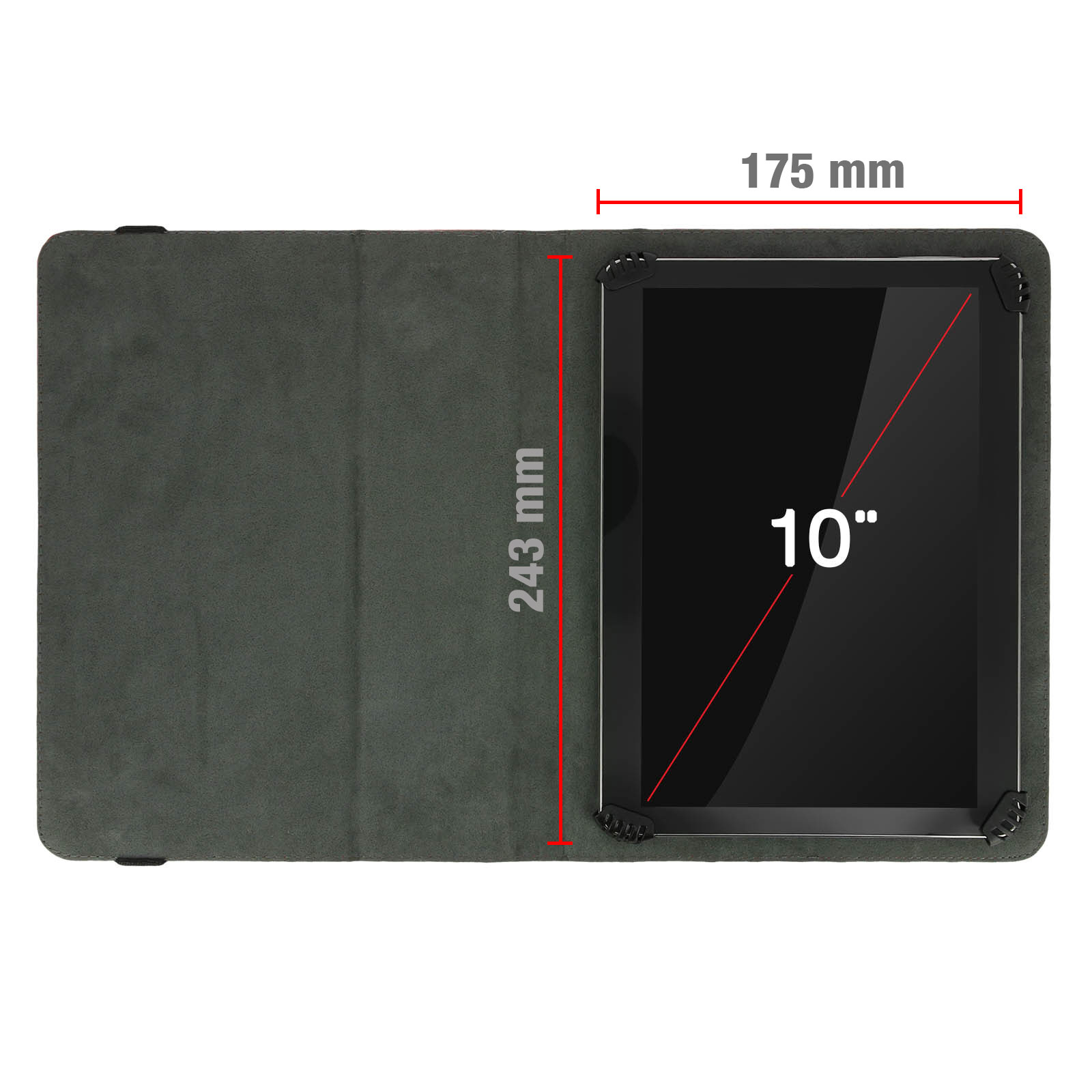 Tablet in una custodia, che mostra le dimensioni dello schermo e le dimensioni. Le misure sono in millimetri.
