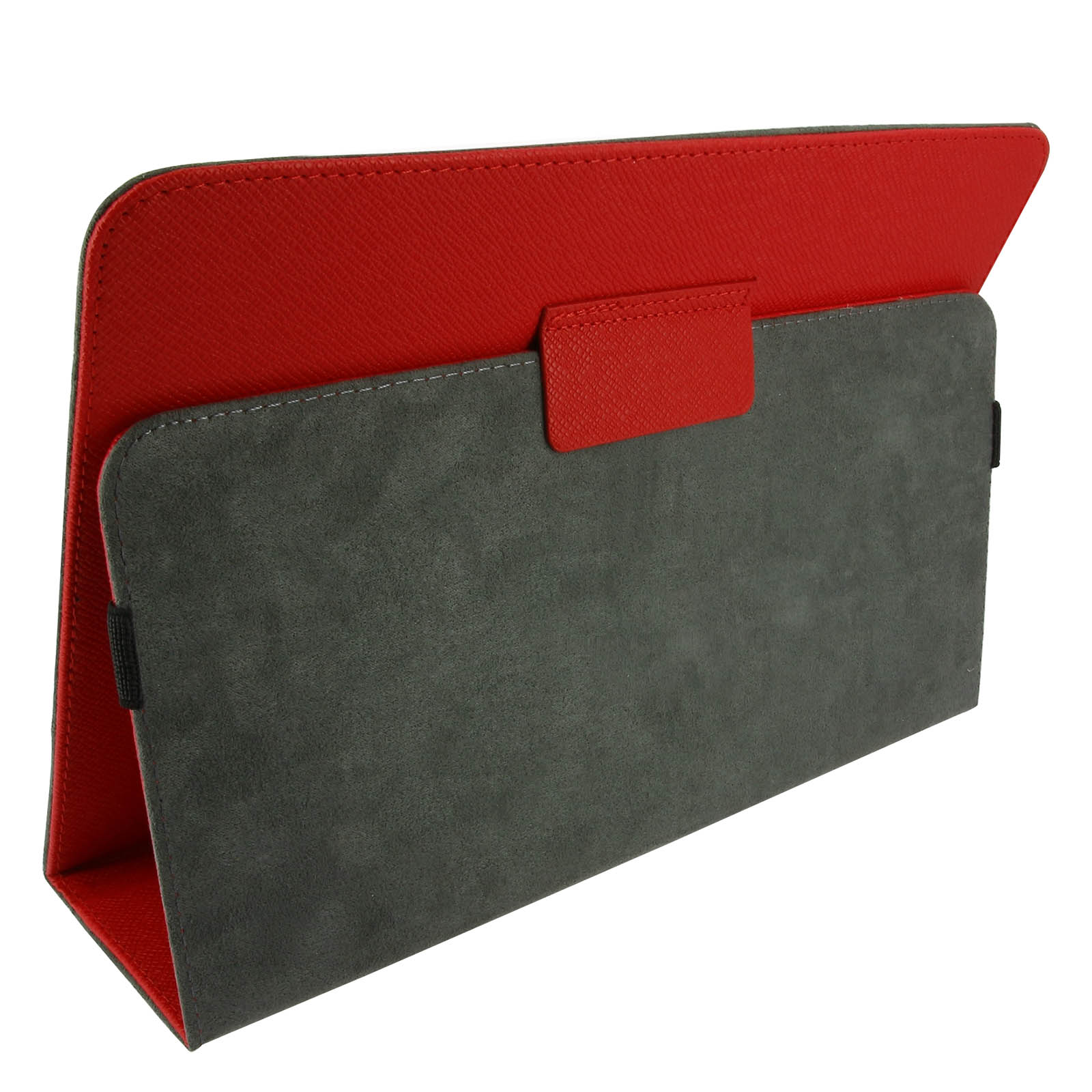 Custodia per tablet rossa e grigia aperta. Interno rosso, esterno grigio. Sfondo bianco.