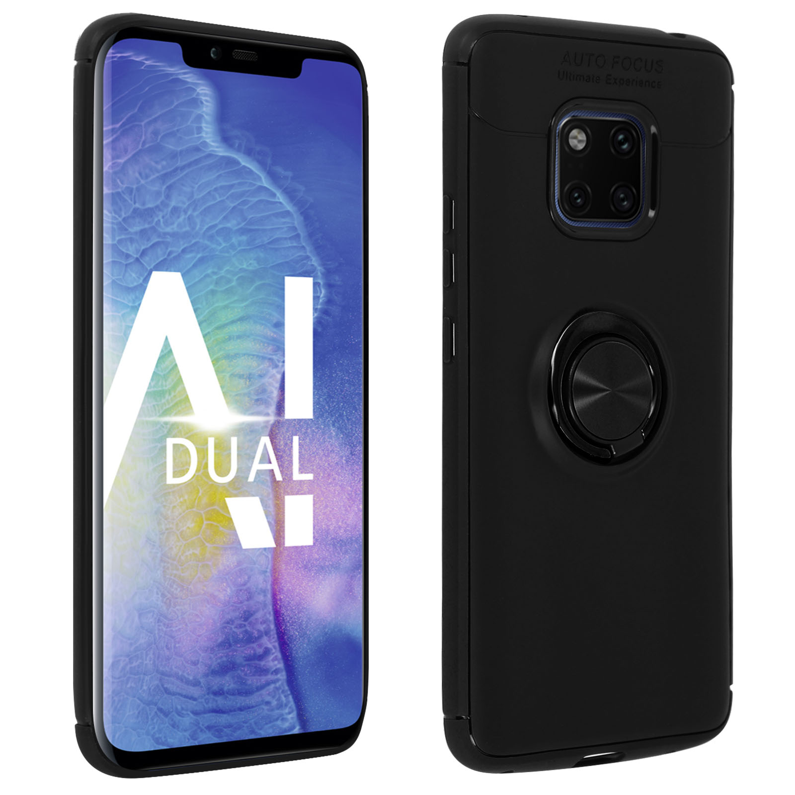 Una custodia nera per telefono con anello. Schermo del telefono con testo AI DUAL visibile.