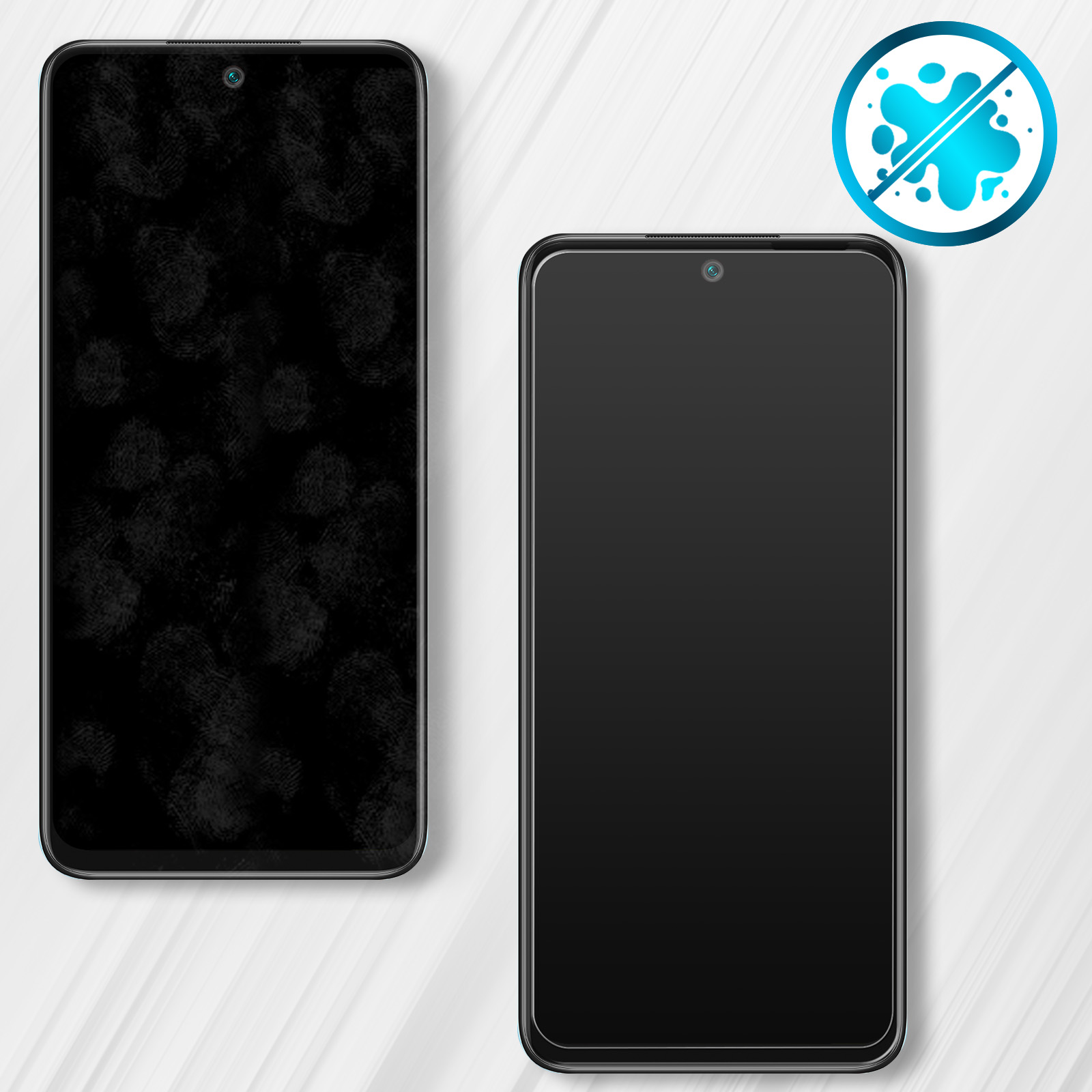 Due smartphone, uno coperto di impronte digitali, l'altro pulito. Un simbolo di resistenza all'acqua sullo sfondo.
