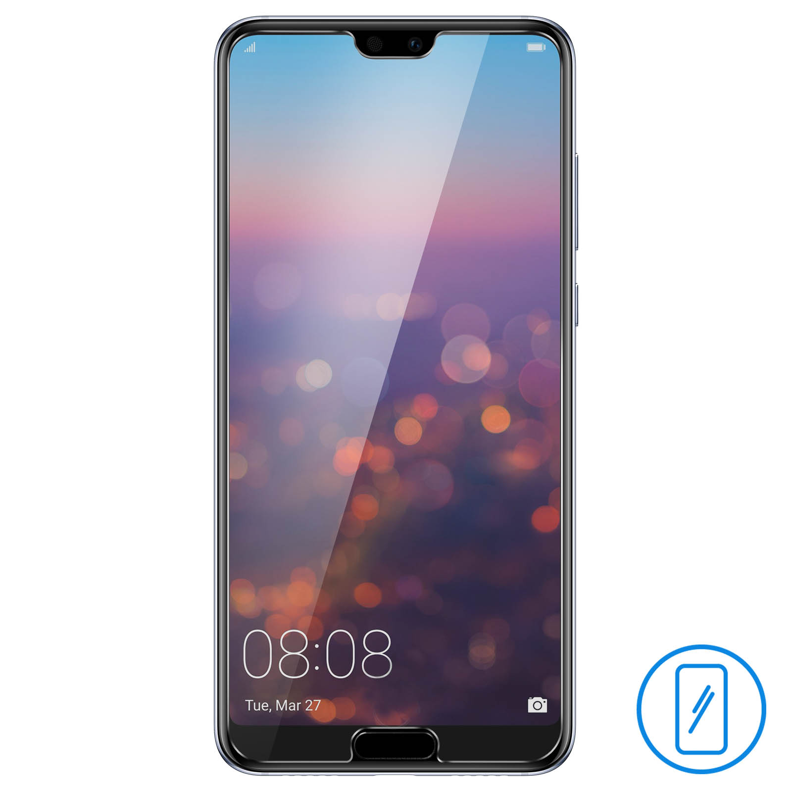 Smartphone nero. Il display mostra l'ora 08:08. È presente una protezione per lo schermo.