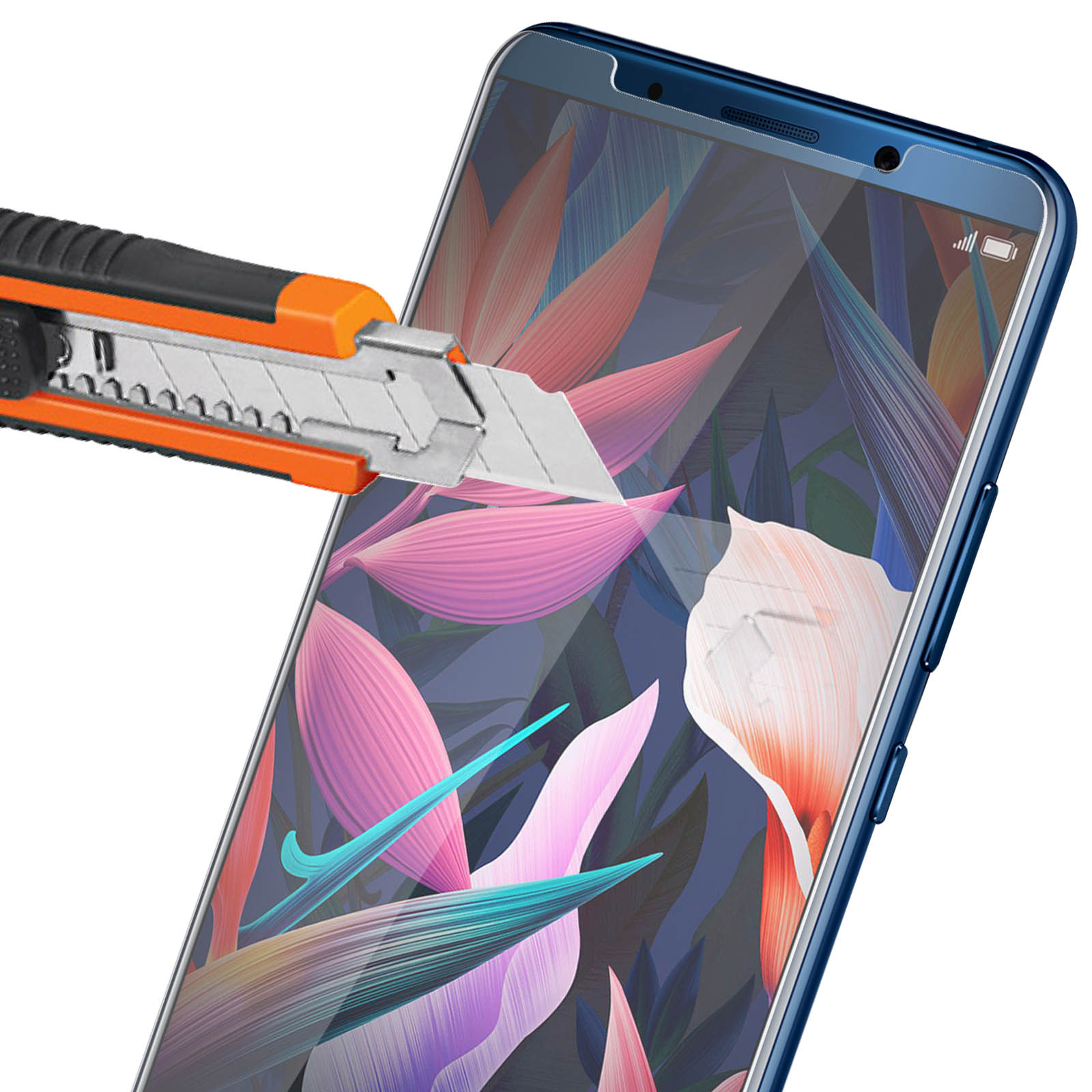 Un coltello taglia una protezione schermo su un telefono. Sfondo floreale colorato visibile.