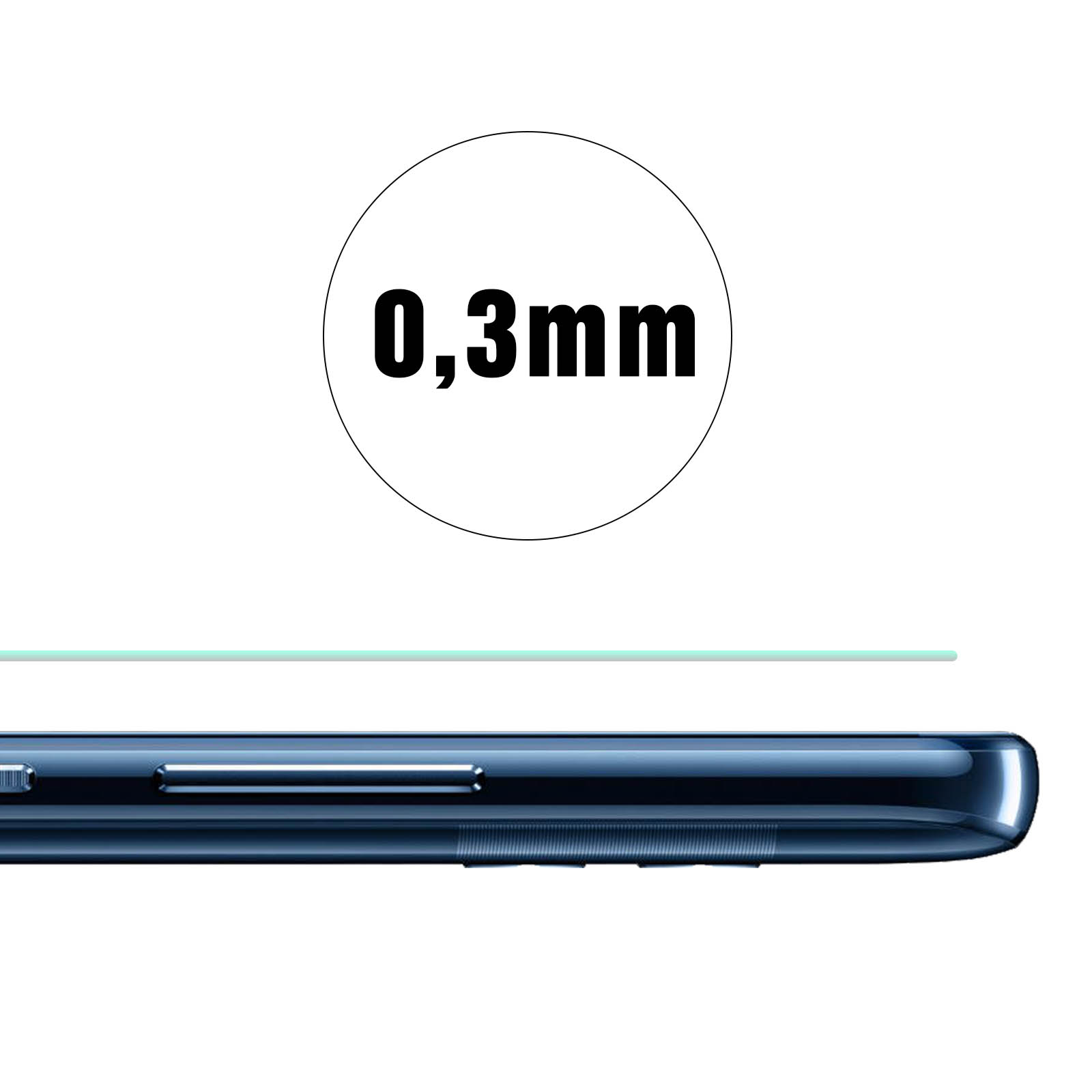 Pellicola protettiva per schermo del telefono con testo "0,3mm". Telefono nero. Sfondo bianco.