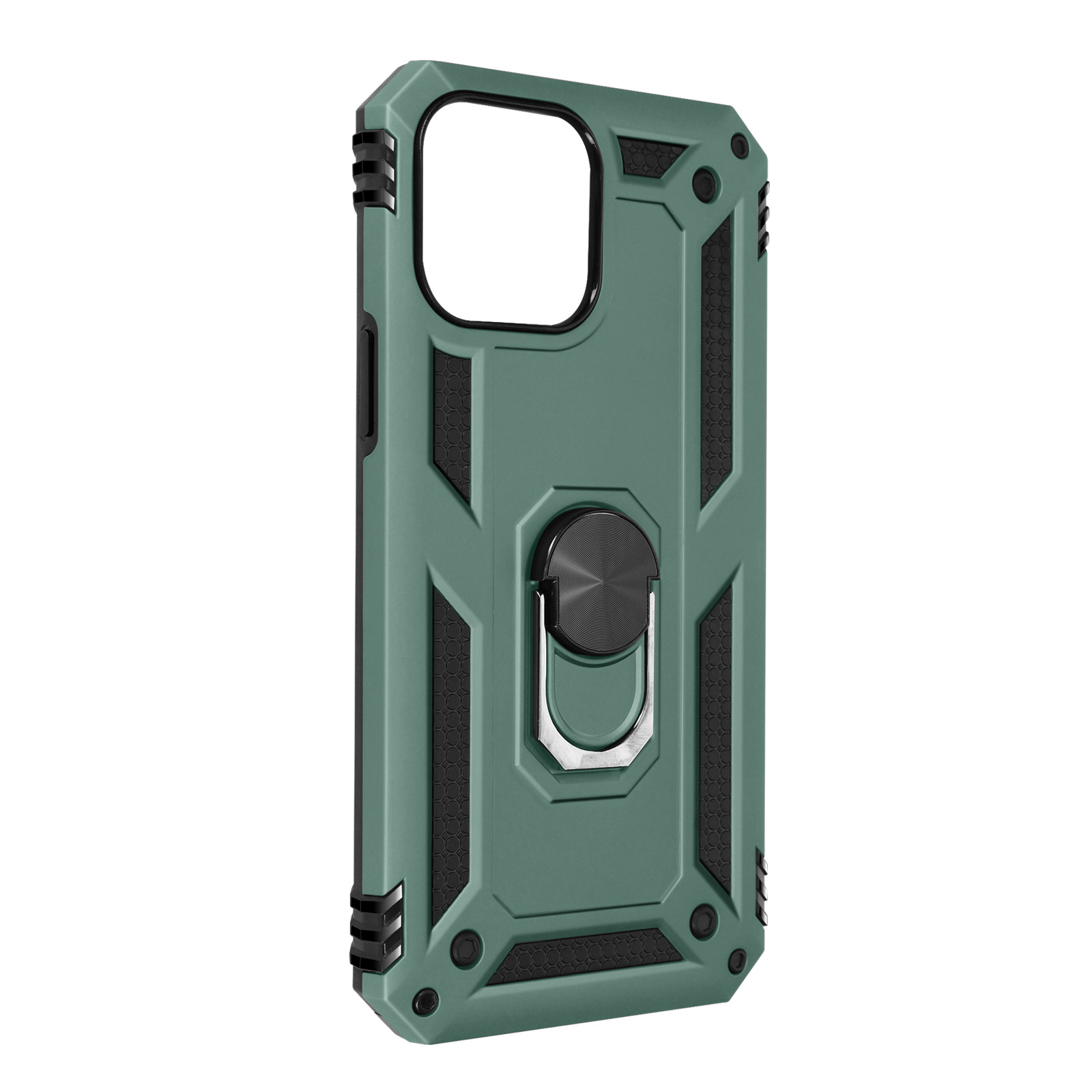 Una robusta custodia verde per telefono con un supporto ad anello. Ha dettagli neri.