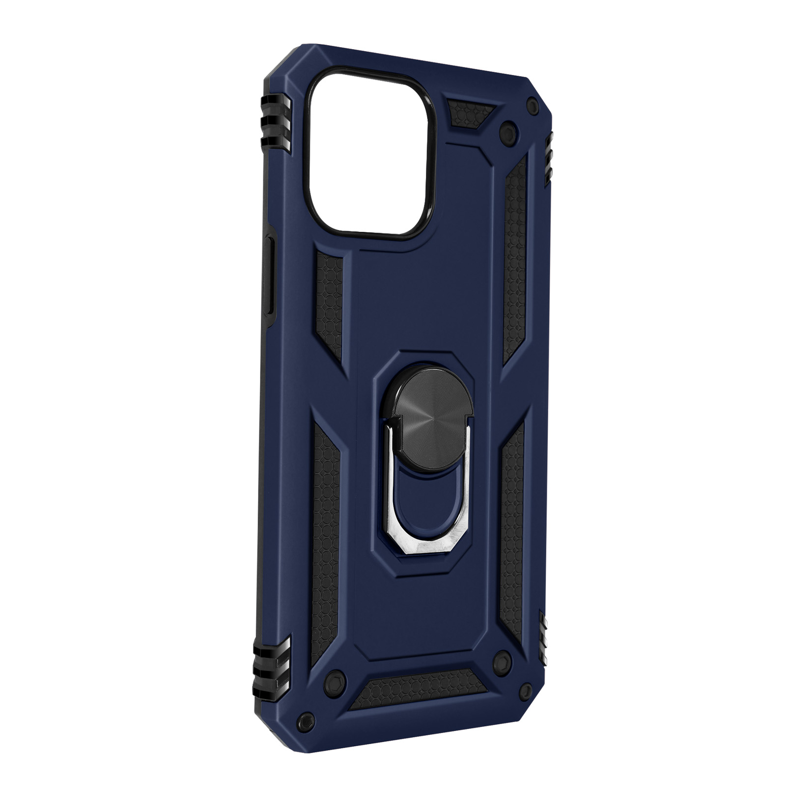 Een marineblauwe telefoonhoes met een ringhouder staat rechtop. Het heeft een geometrisch ontwerp.