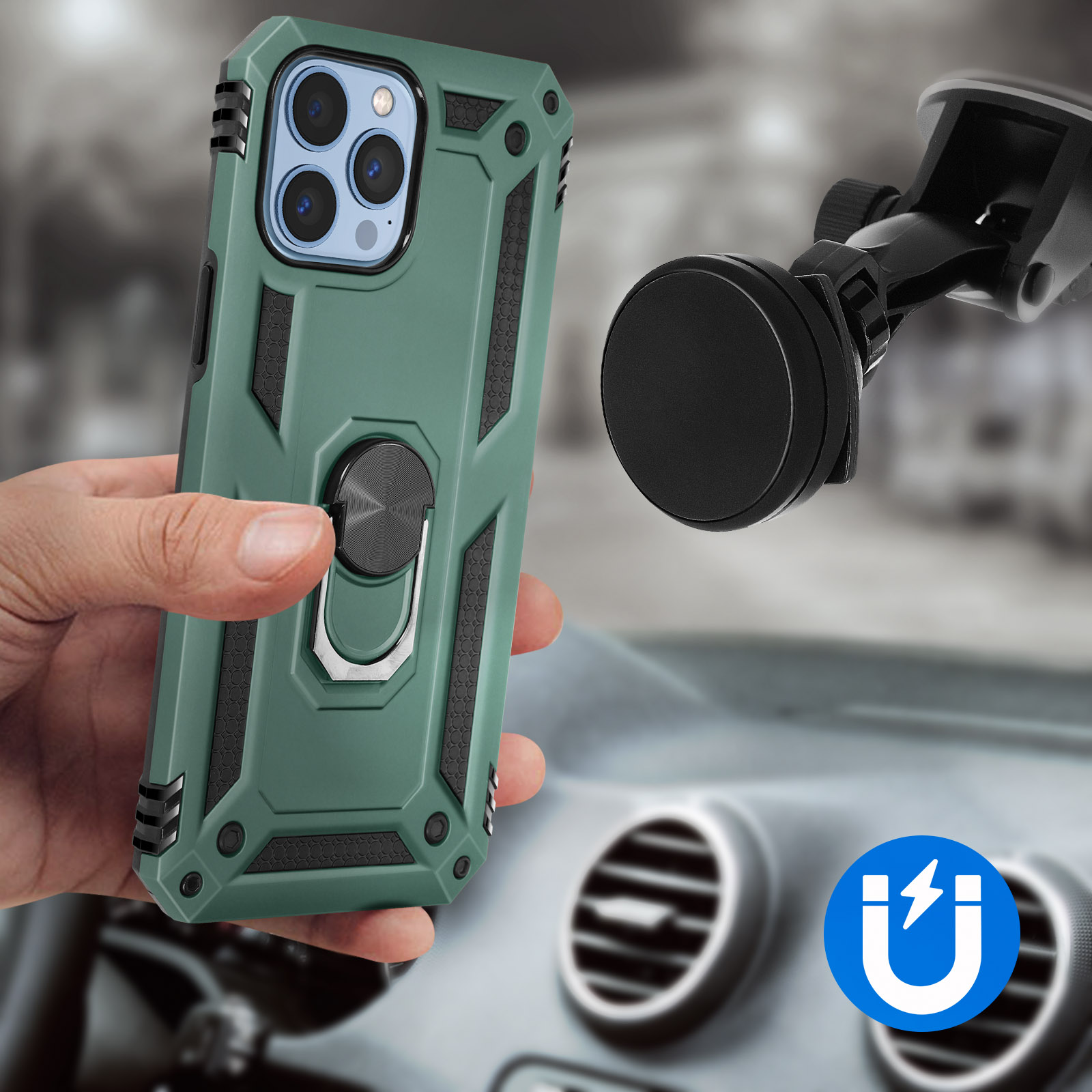 Custodia verde per telefono con un porta anello. Un interno auto è sullo sfondo.