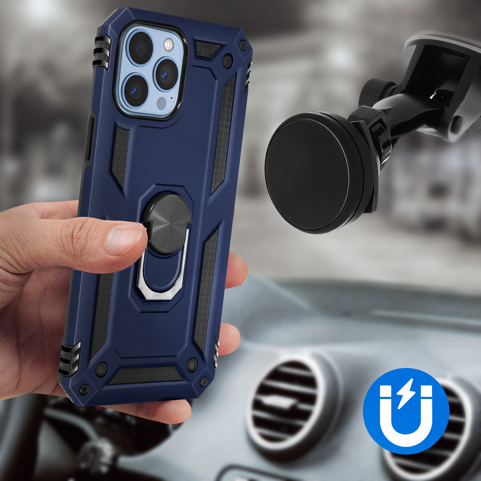 Une main tenant une coque de téléphone bleue avec un support de voiture en arrière-plan.