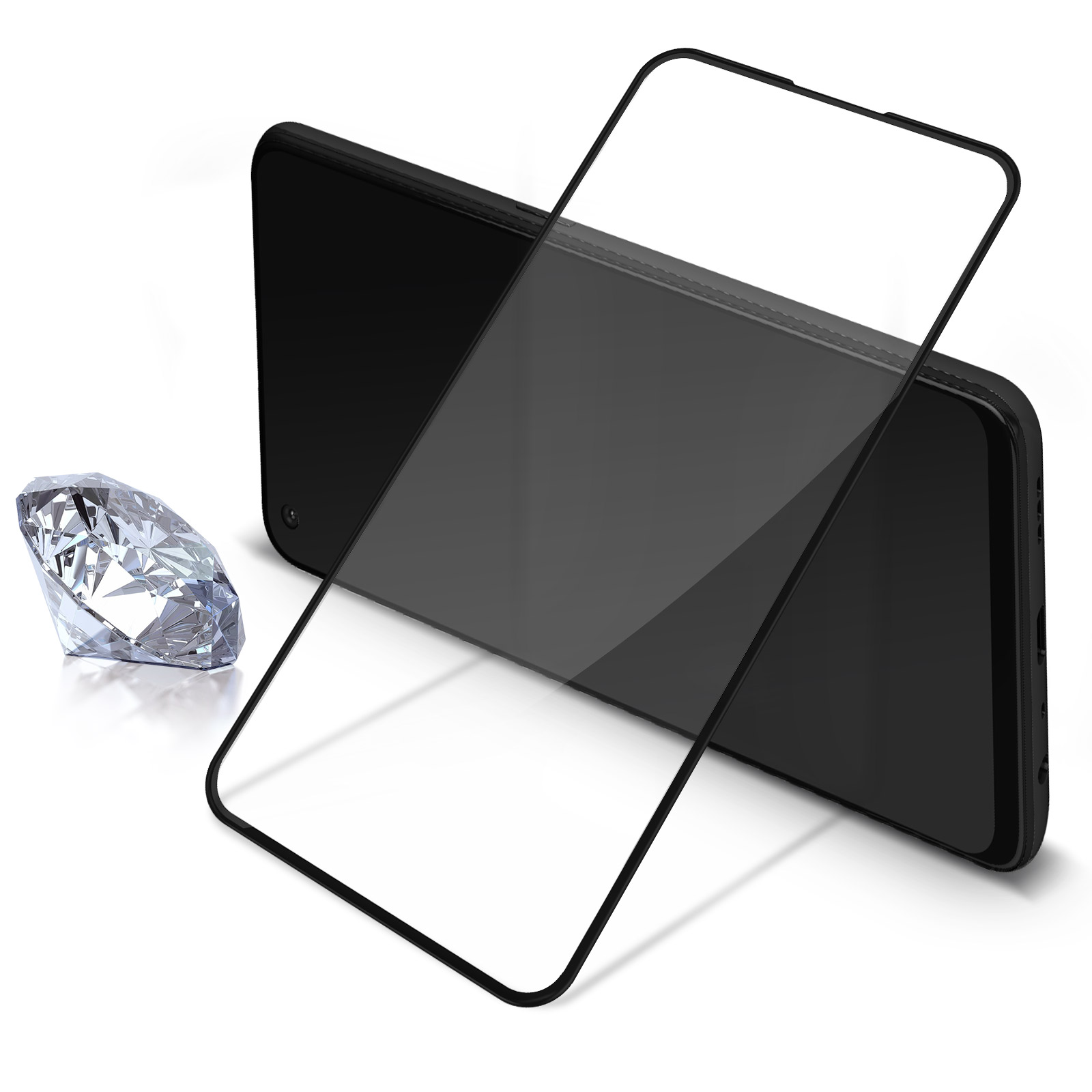 Telefono e protezione schermo in vetro temperato, trasparente. Diamante in primo piano. Sfondo bianco.