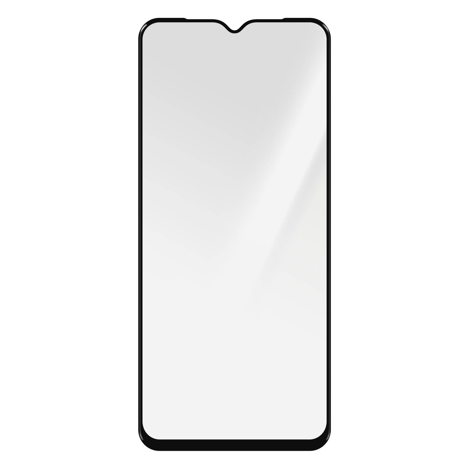 Glazen schermbeschermer voor een telefoon. Het is transparant. De rand is zwart. Het is schoon.