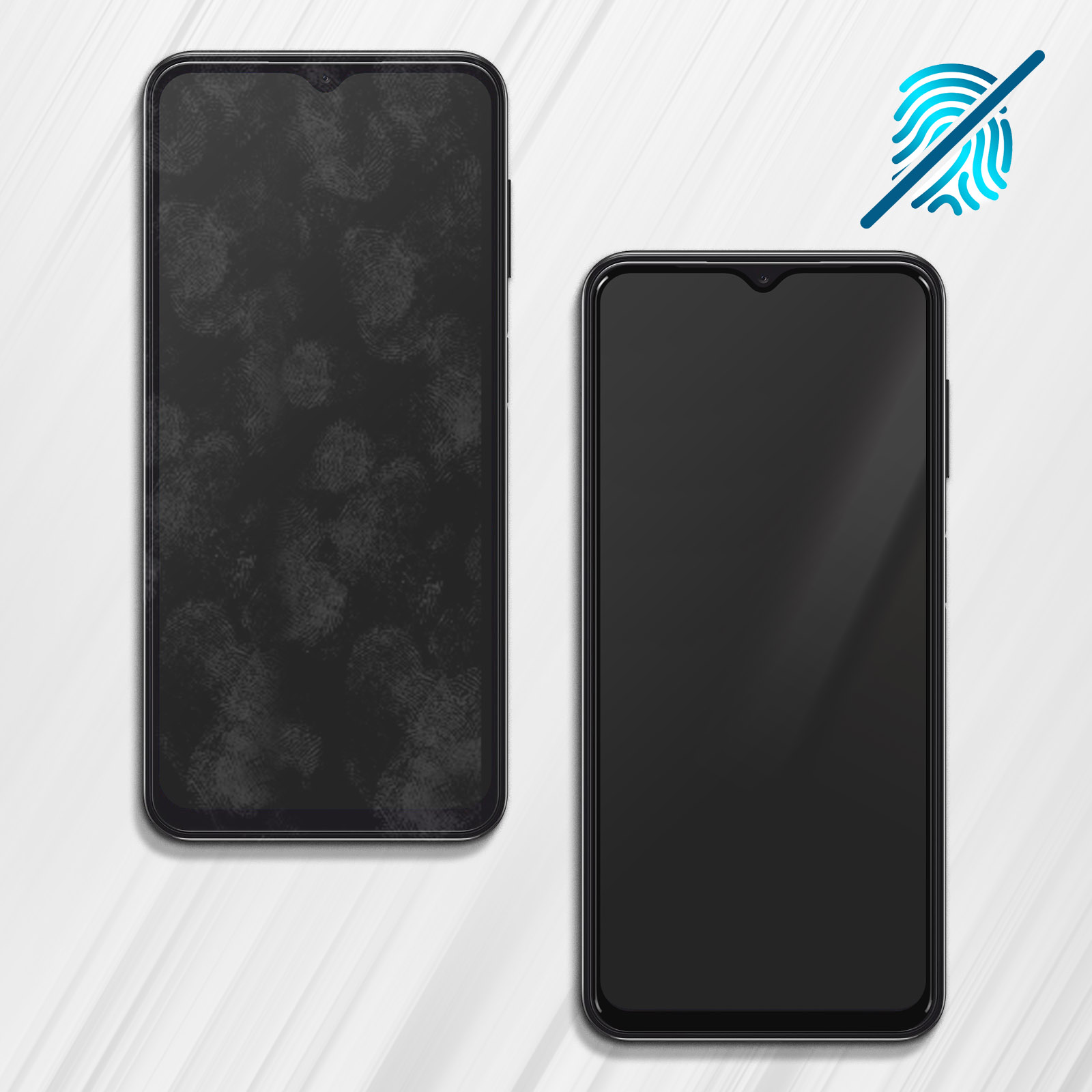 Twee telefoons. Eén is bevlekt met vingerafdrukken. De andere is schoon. Een geen vingerafdruk-pictogram is zichtbaar.