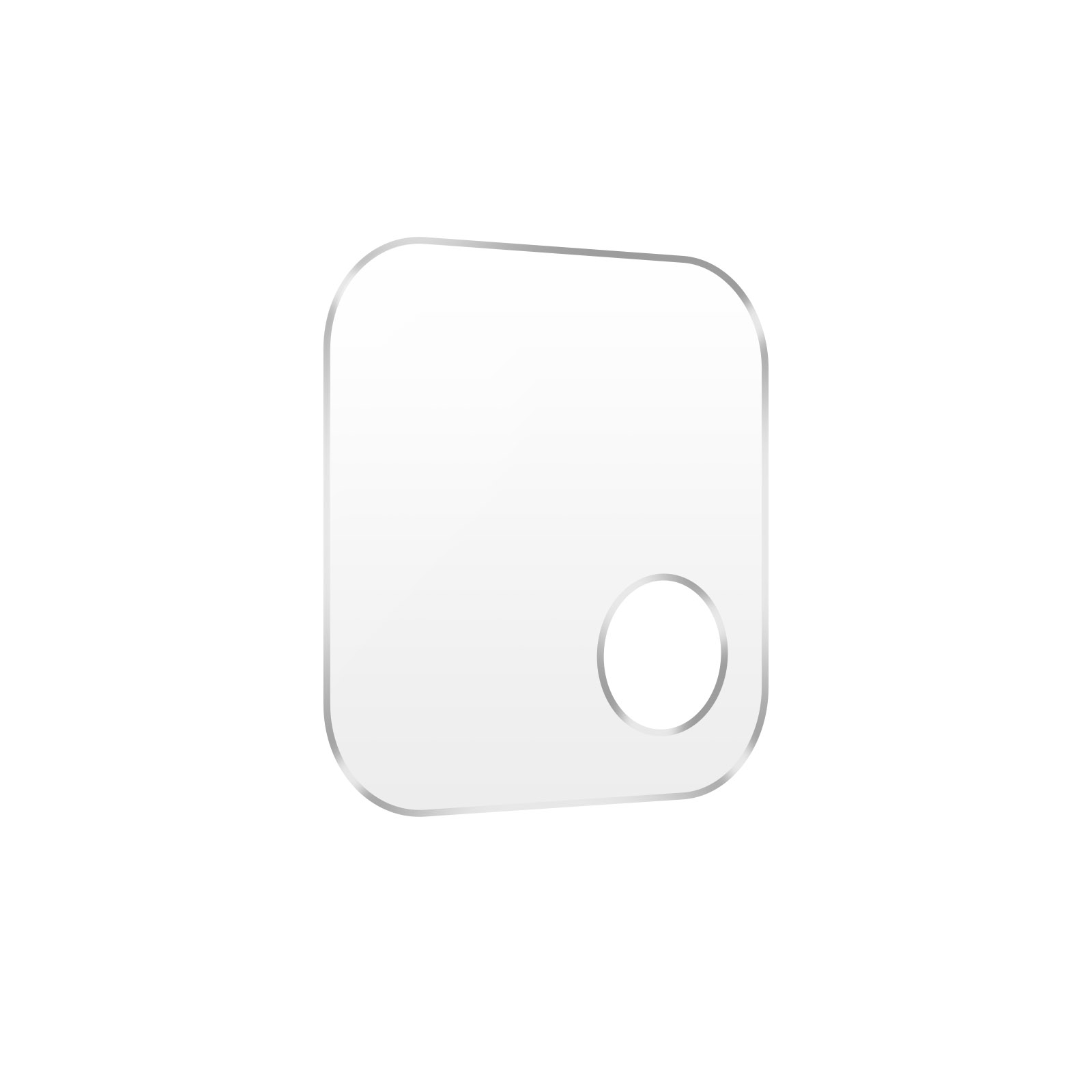 Proteggi schermo in vetro trasparente con intaglio per l'obiettivo della fotocamera, forma quadrata con angoli arrotondati.