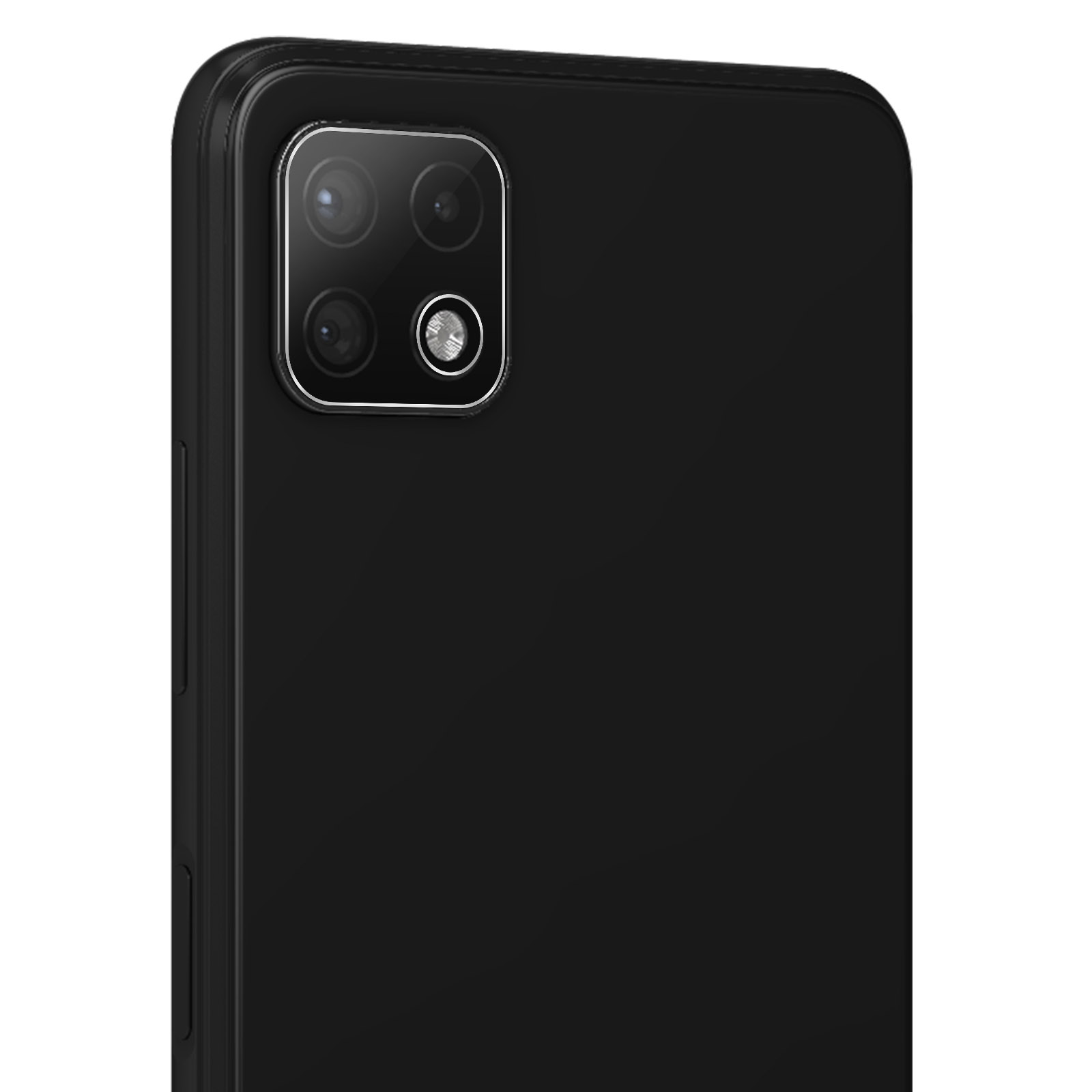 Primo piano di un telefono nero. La parte superiore mostra il modulo fotocamera con quattro obiettivi.