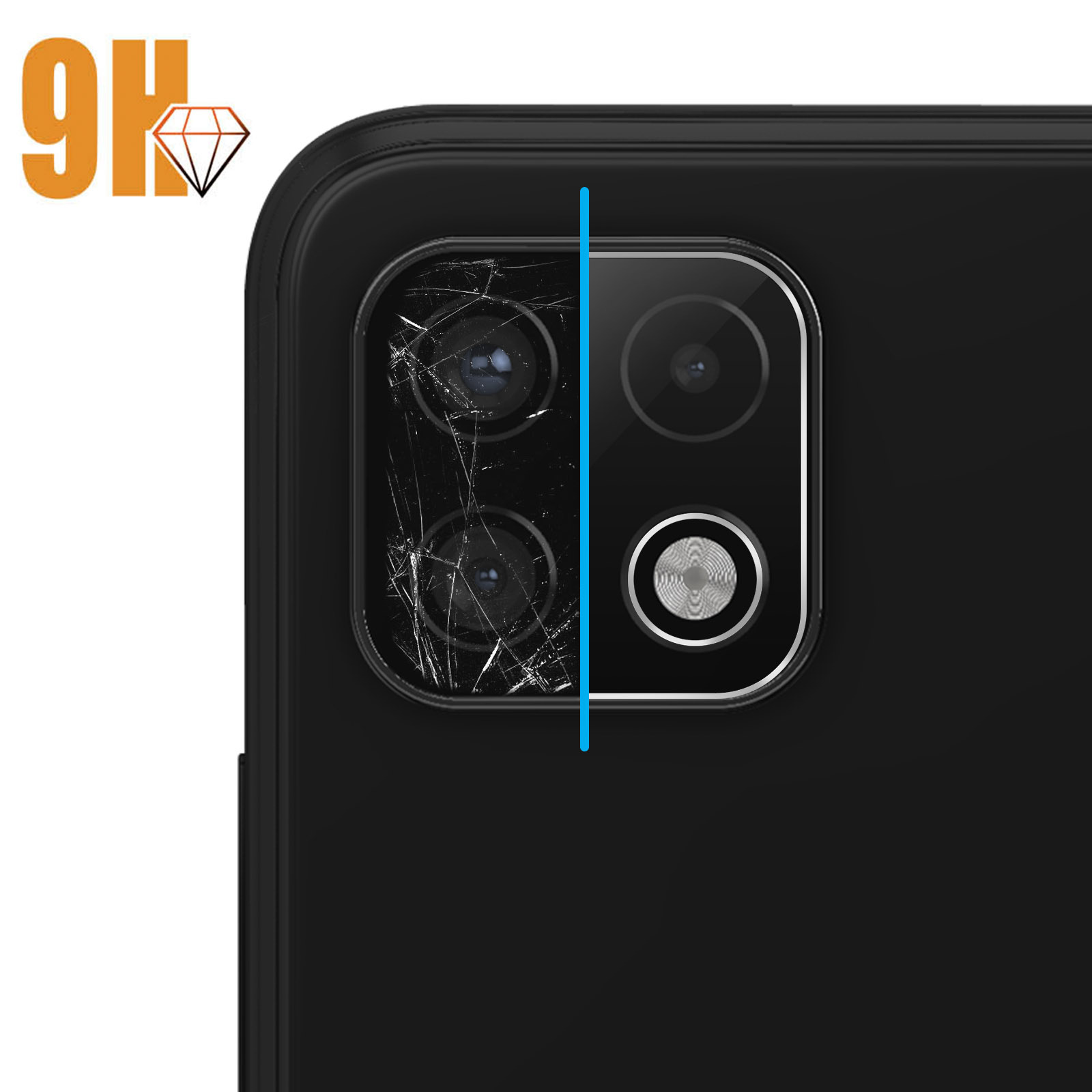 Lente della fotocamera del telefono danneggiata accanto a una nuova, protezione schermo applicata.