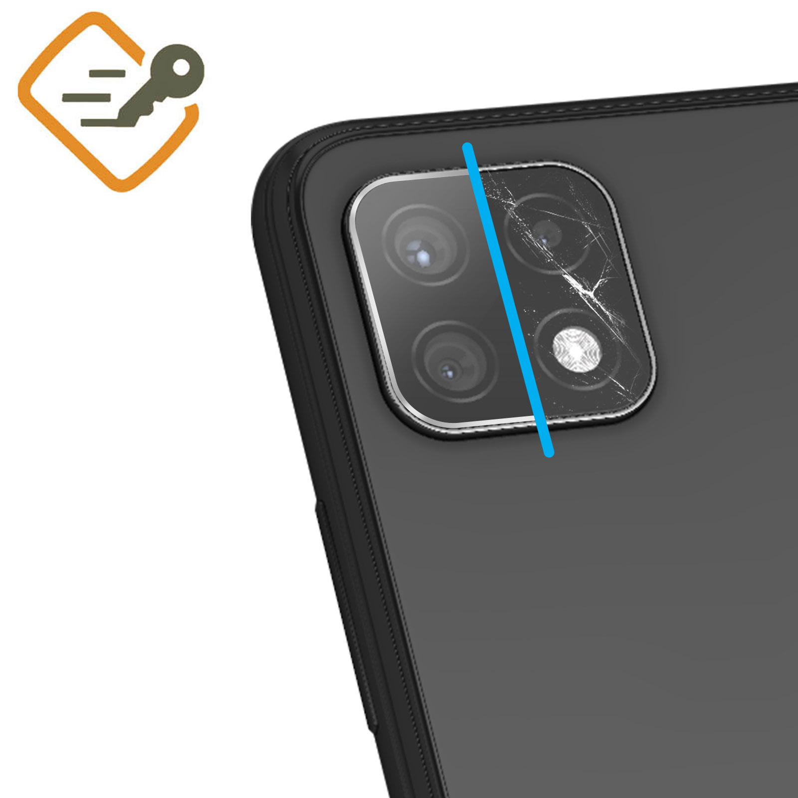 Una fotocamera del telefono viene mostrata con una lente rotta. Un'icona a chiave è nell'angolo in alto a sinistra.