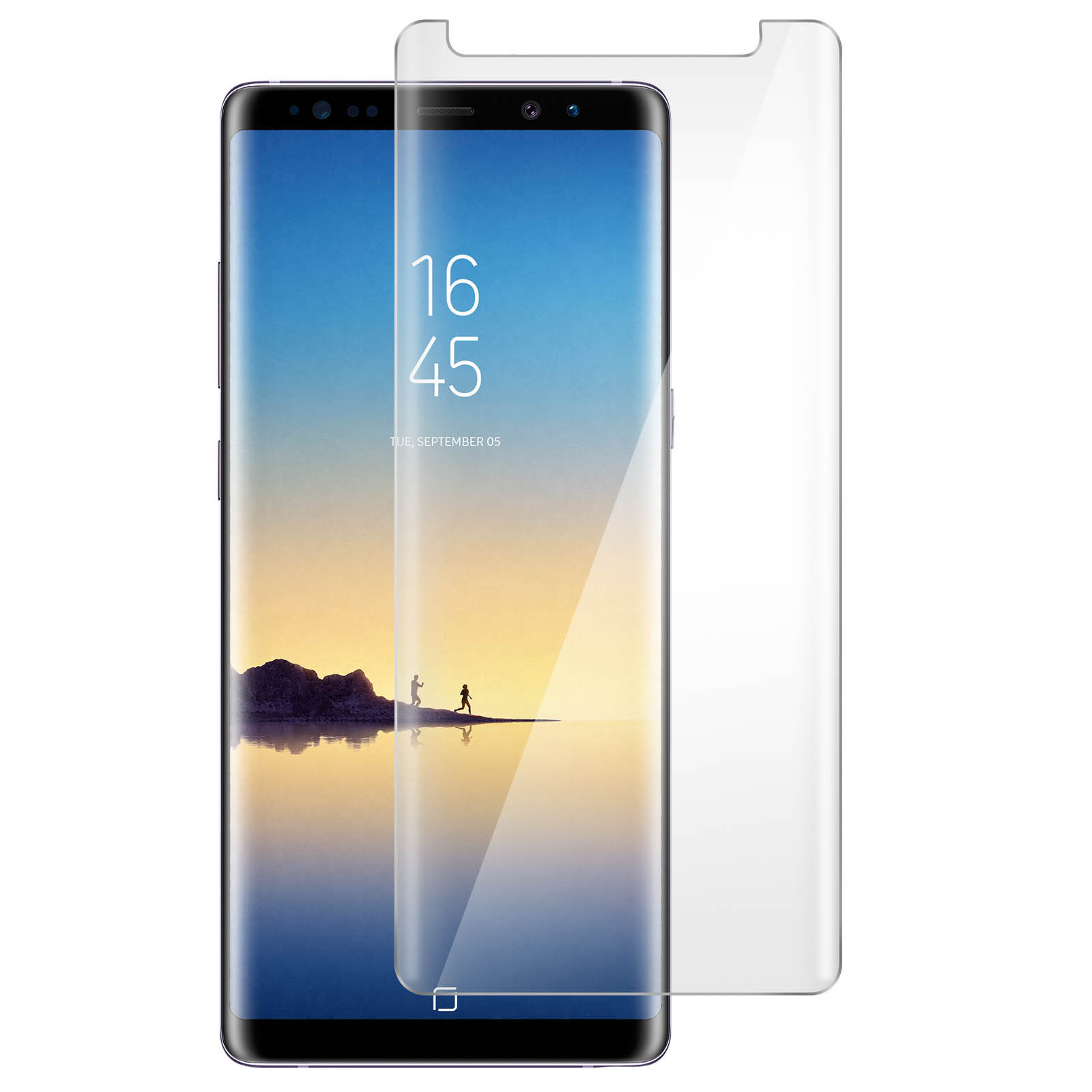Smartphone con protezione schermo. Lo schermo mostra ora e due figure. Sfondo bianco.