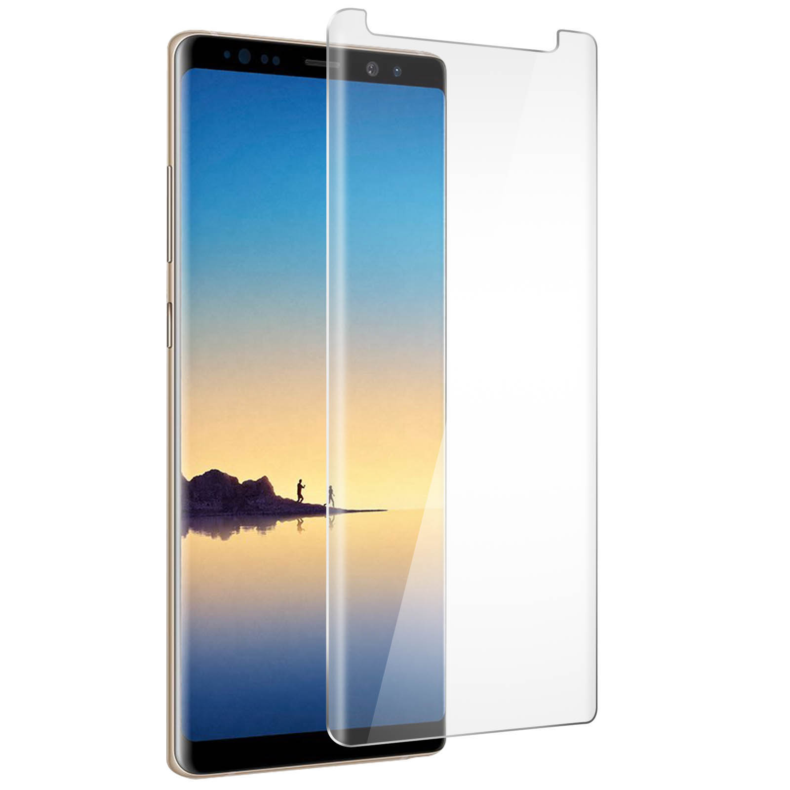 Telefono dorato con protezione schermo, con scena del lago visualizzata sullo schermo.