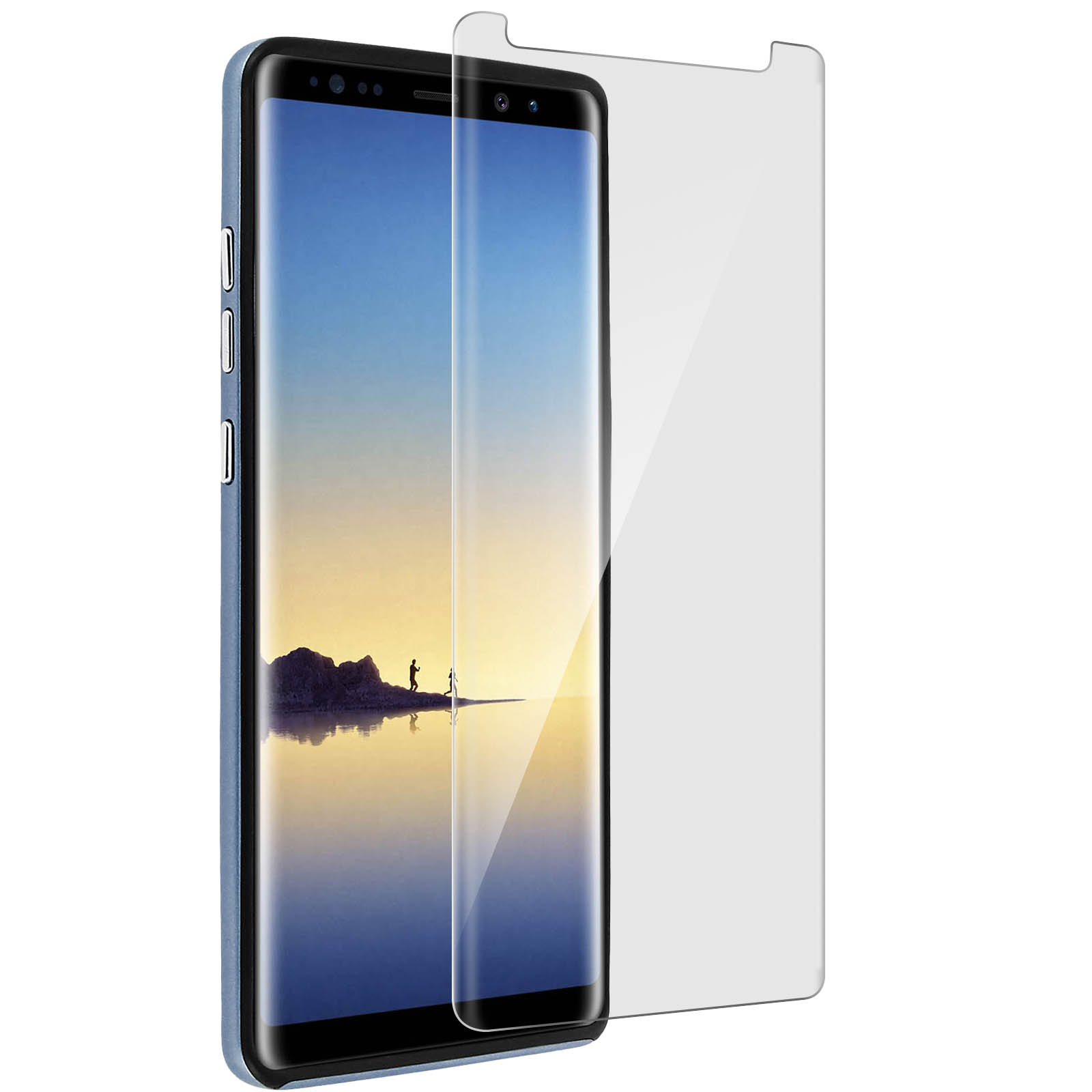 Telefono con protezione schermo. Custodia blu. Sfondo bianco.