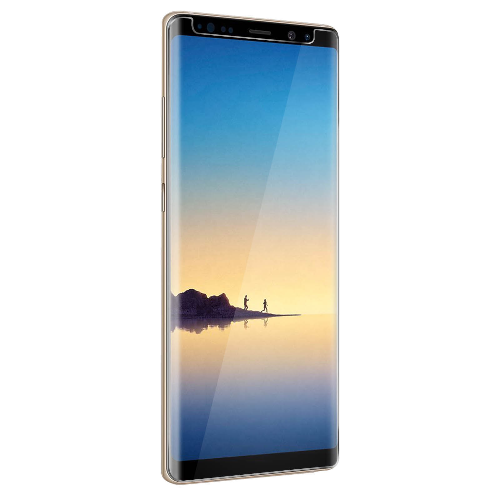 Uno smartphone con schermo curvo mostra un'immagine di un lago con figure sagomate.