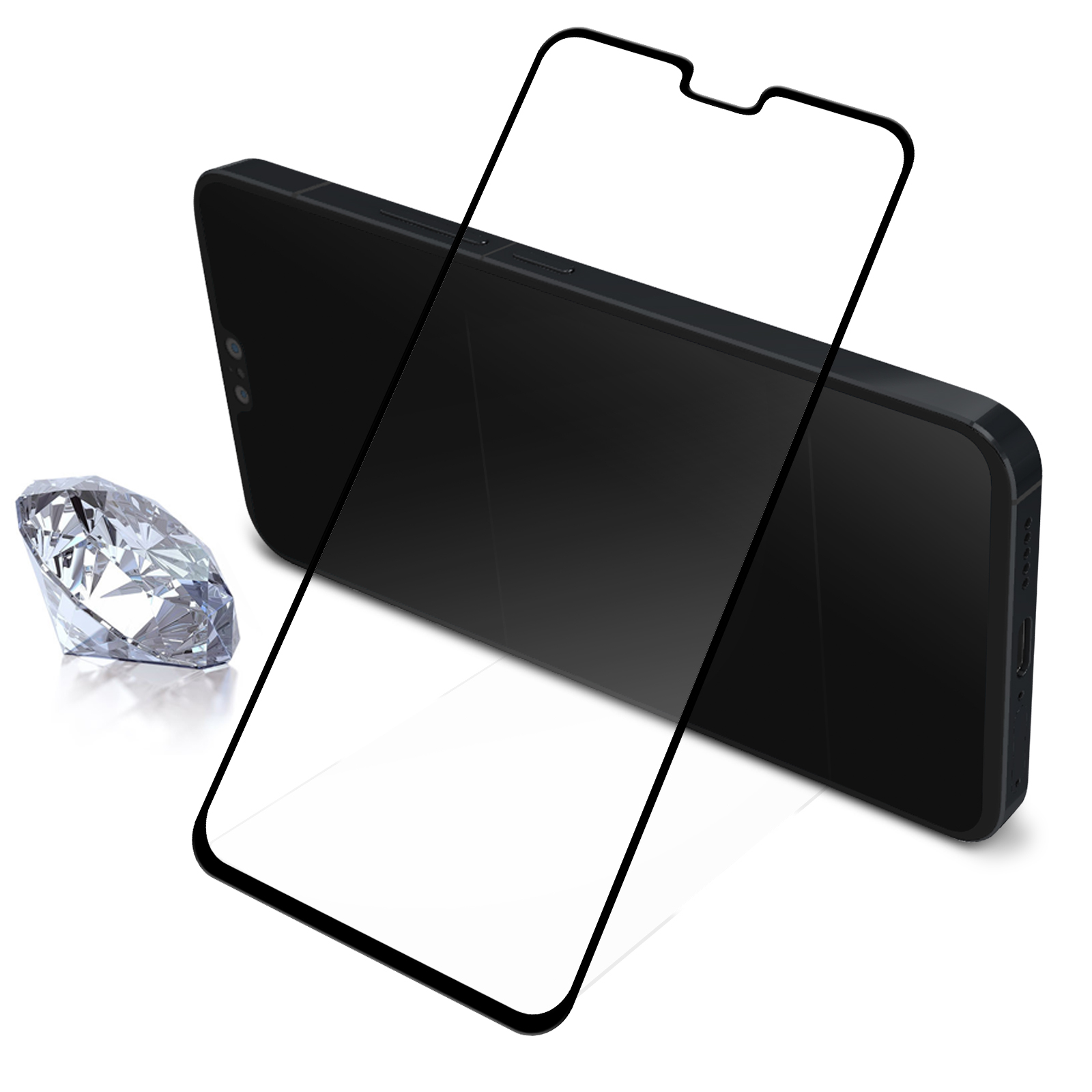 Telefono nero con protezione schermo leggermente staccata, sfondo bianco, diamante accanto.