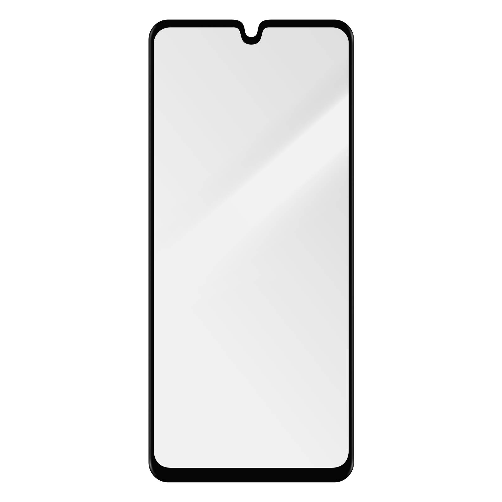 Proteggi schermo per telefono. È trasparente e ha una cornice nera, con un intaglio per l'altoparlante.