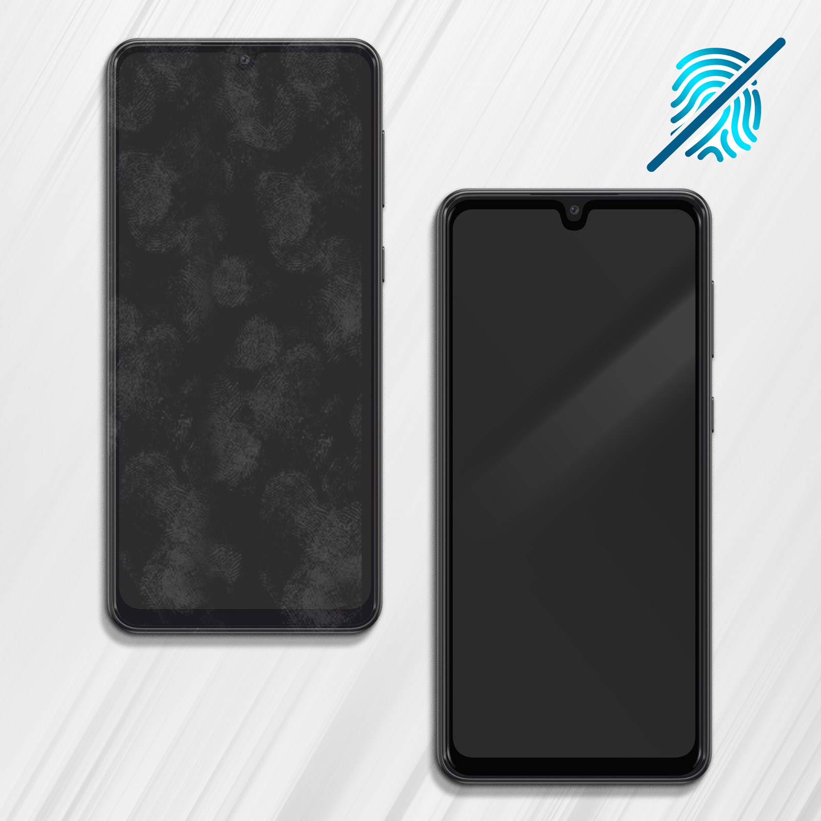Due telefoni neri. Uno sporco, uno pulito, con icona impronta digitale.