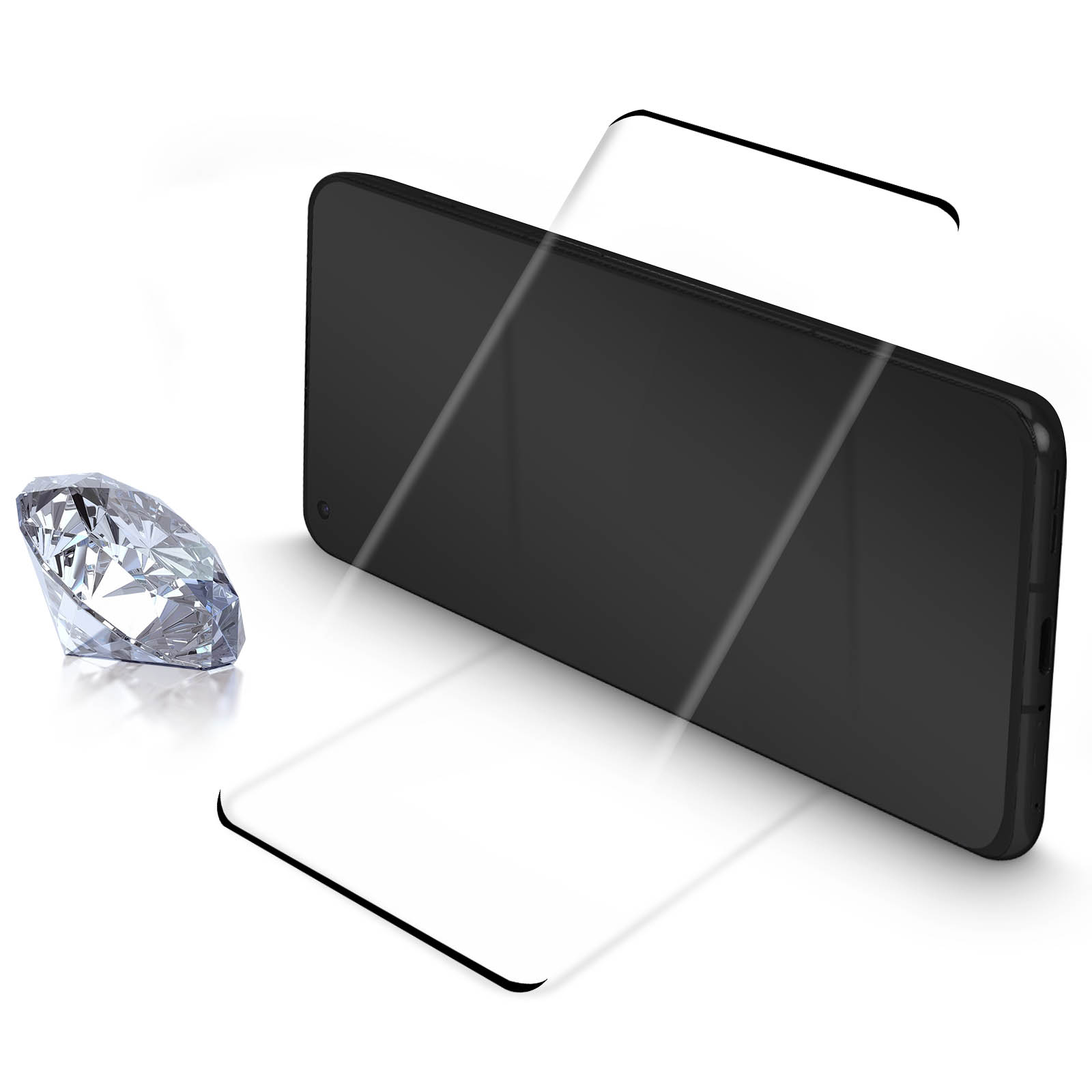 Schermo del telefono con una protezione in vetro e un diamante. Sfondo bianco.