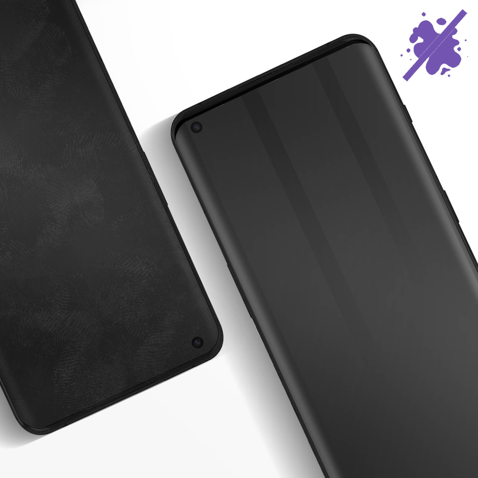 Due schermi di telefono neri, uno con un'icona di spruzzo viola. Entrambi sono angolati e hanno uno sfondo scuro.