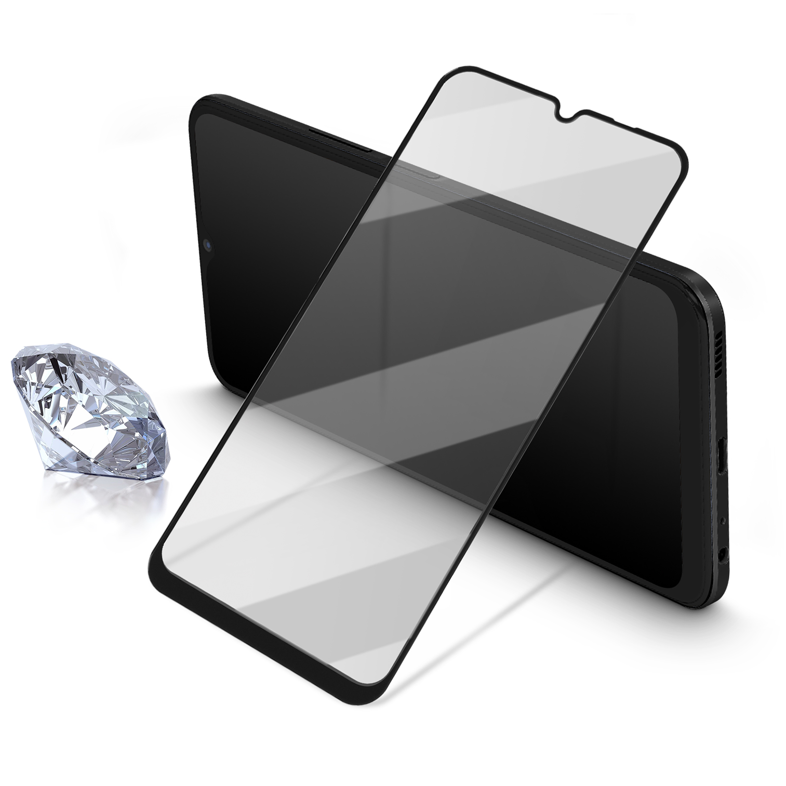 Telefono con protezione schermo in vetro, diamante, sfondo bianco.