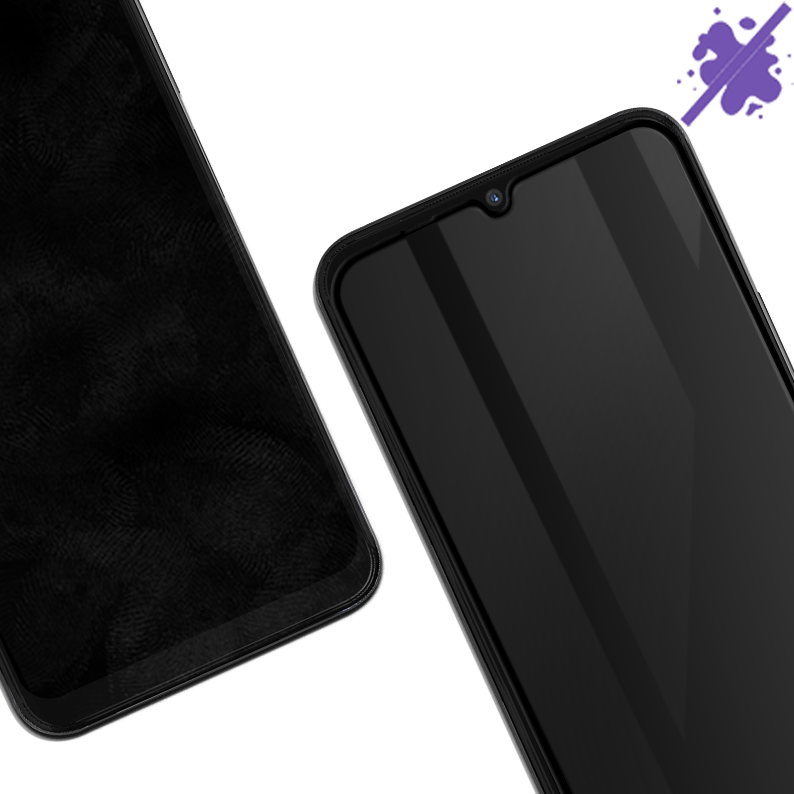 Vengono mostrati due smartphone neri. Uno è a fuoco, l'altro sfocato ed è visibile uno schizzo viola.