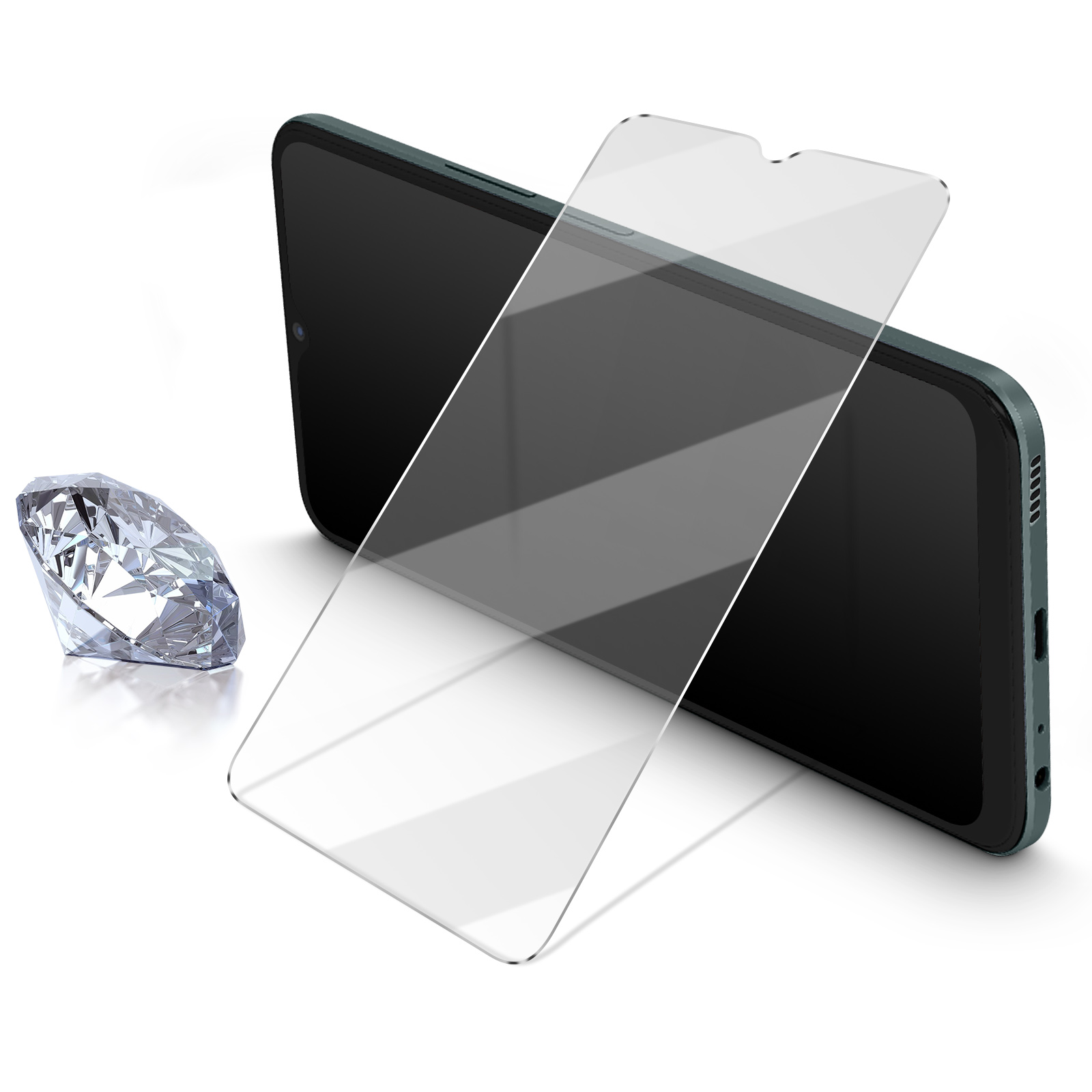 Un protecteur d'écran est à côté d'un téléphone. Un diamant est dans le coin inférieur gauche.