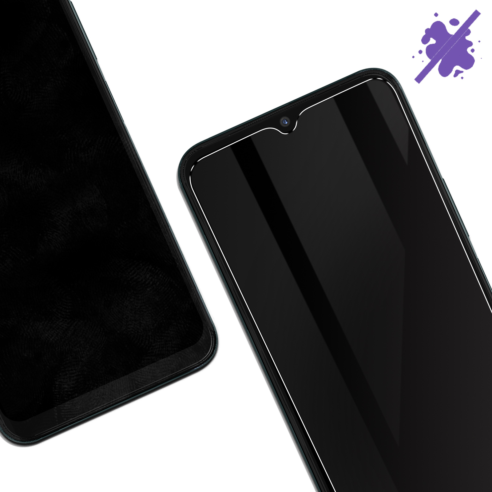 Deux téléphones côte à côte. L'écran du téléphone de droite est propre. L'écran de gauche est recouvert d'un film sombre.