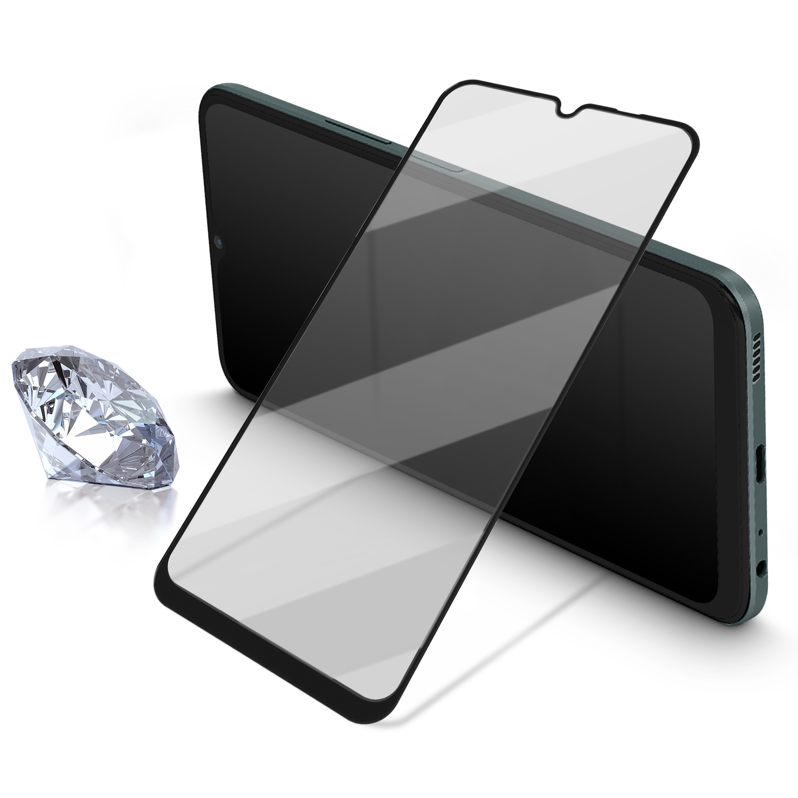 Téléphone et protecteur d'écran sur une surface blanche. Diamant à gauche. Téléphone noir avec protecteur.