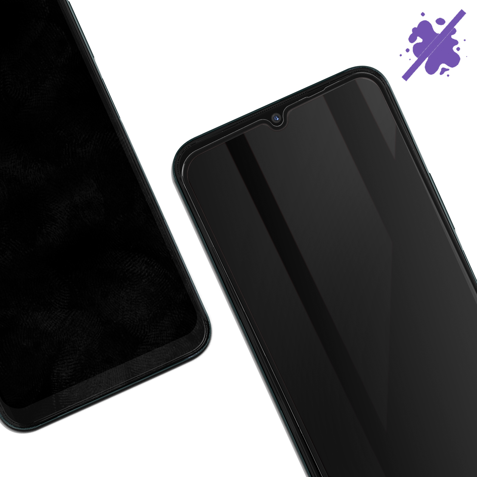 Deux téléphones avec un protecteur d'écran appliqué, sur une surface blanche.
