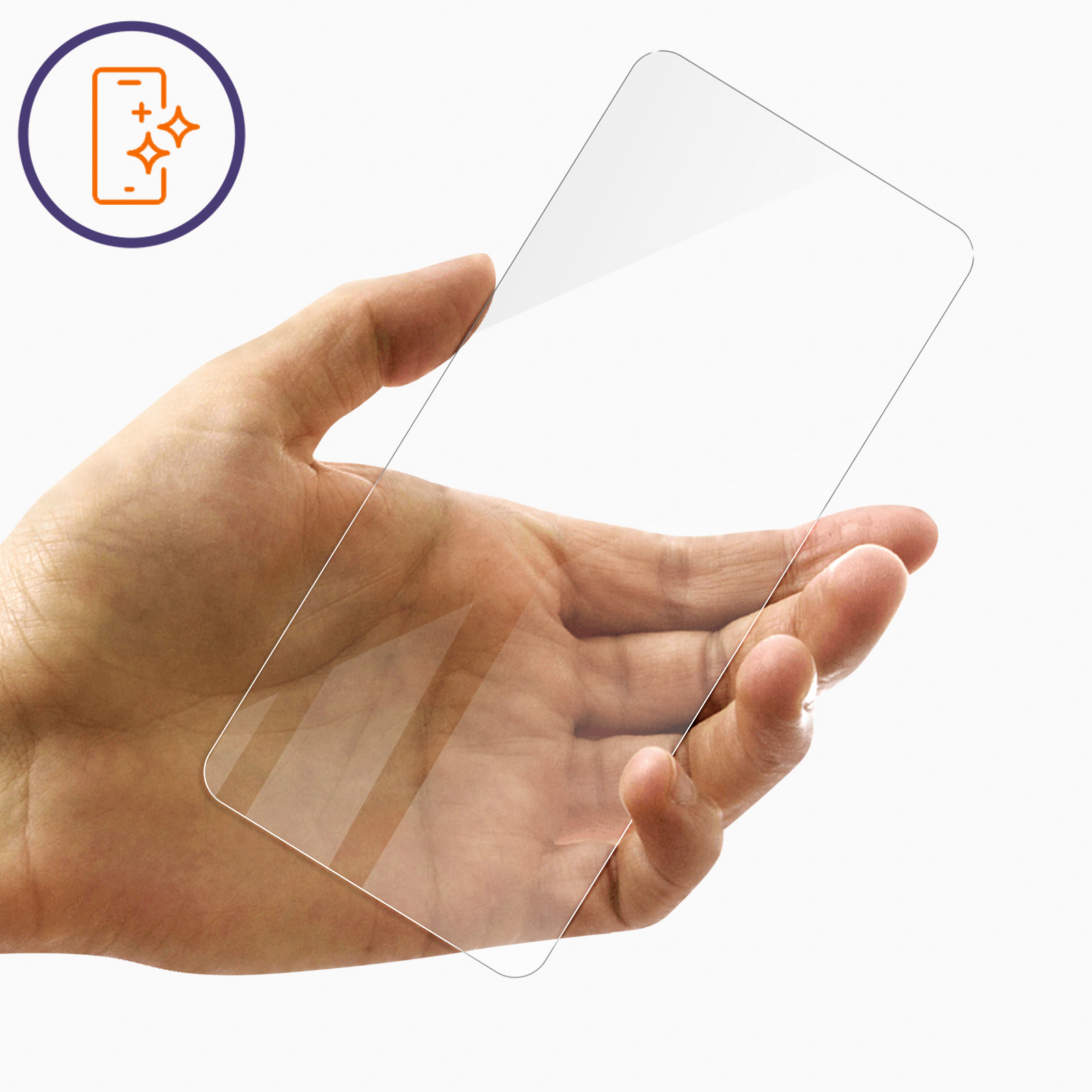 Mano che tiene una protezione per lo schermo trasparente del telefono. Un'icona del telefono appare in alto a sinistra.