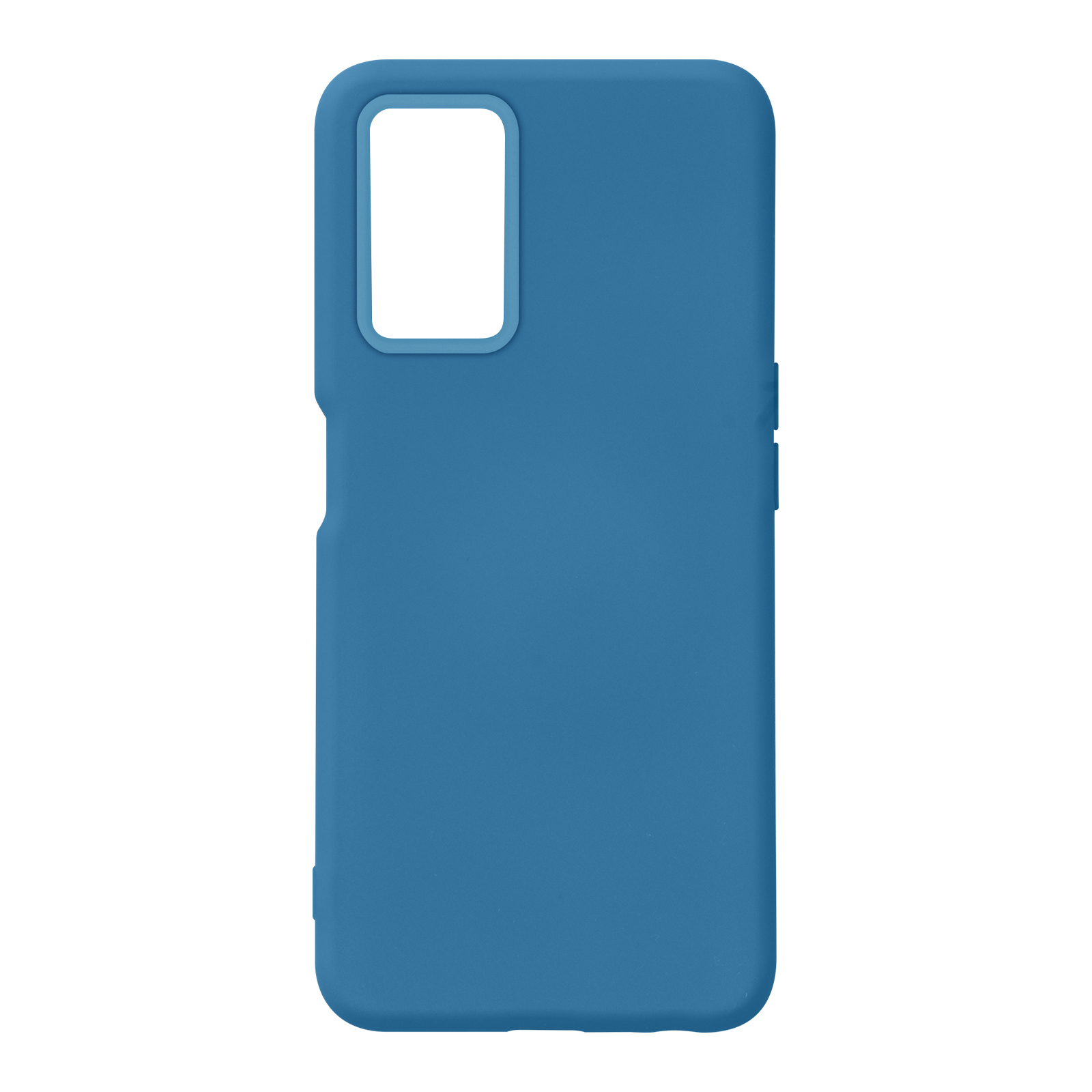 Blauwe telefoonhoes. De hoes heeft een uitsparing voor de camera, uitsparingen voor knoppen en een gladde afwerking.